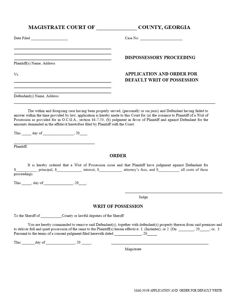Dispossessory Proceeding Application And Order For Default Writ Of Possession | Pdf Fpdf Docx | Georgia