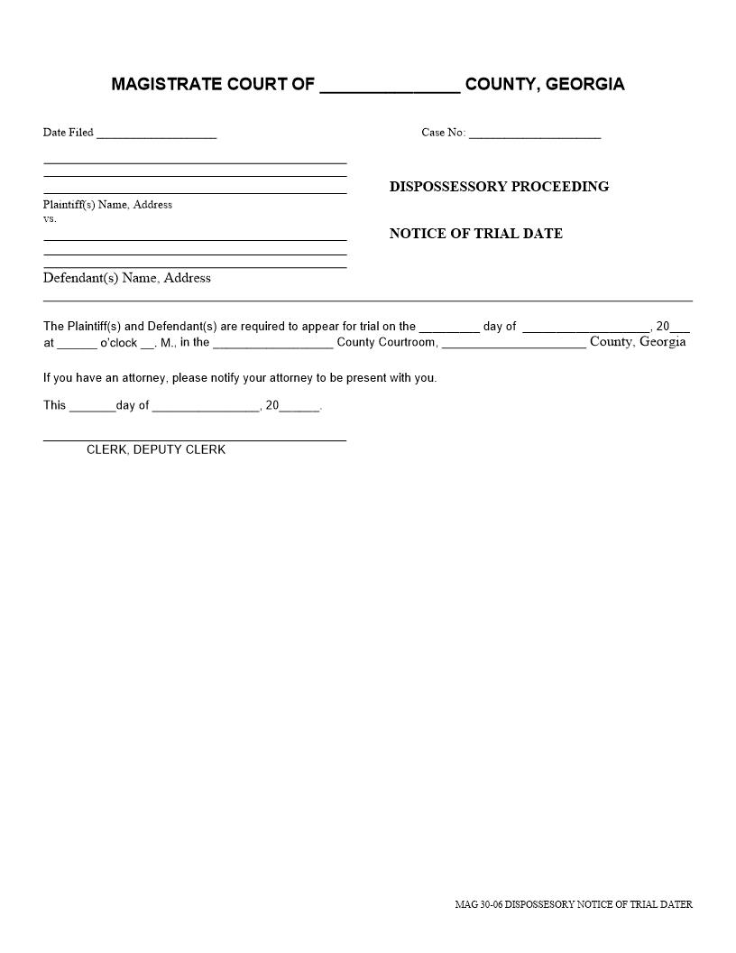 Dispossessory Proceeding Notice Of Trial Date | Pdf Fpdf Docx | Georgia