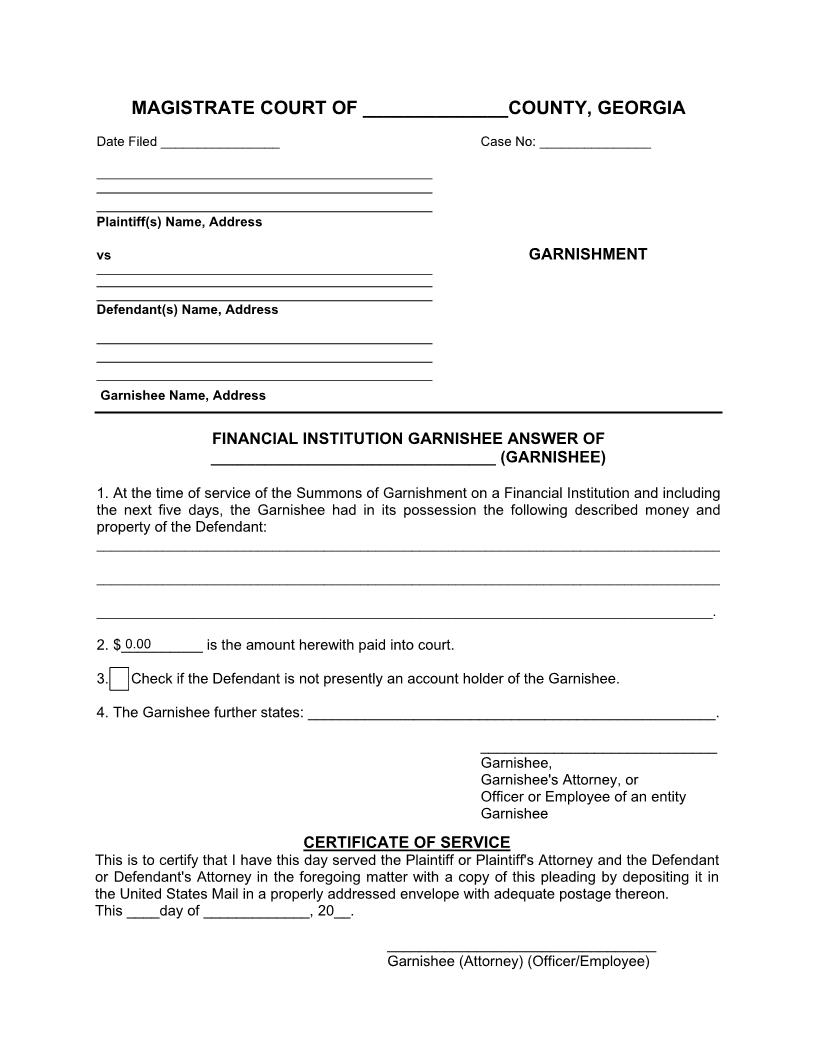 Financial Institution Garnishee Answer | Pdf Fpdf Doc Docx | Georgia