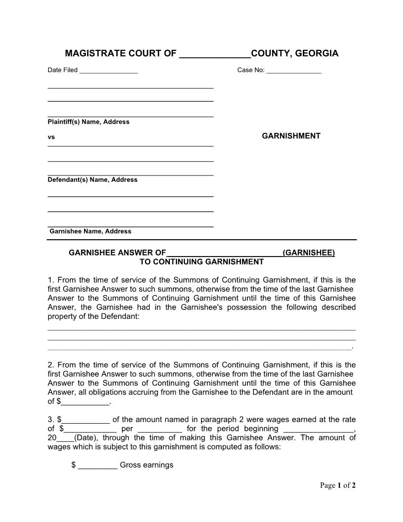 Garnishee Answer To Continuing Garnishment | Pdf Fpdf Docx | Georgia
