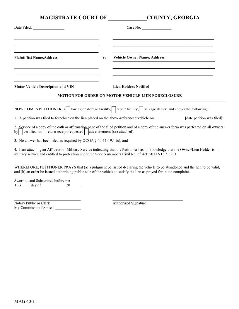Motion For Order On Motor Vehicle Lien Foreclosure {MAG 40-11} | Pdf Fpdf Docx | Georgia