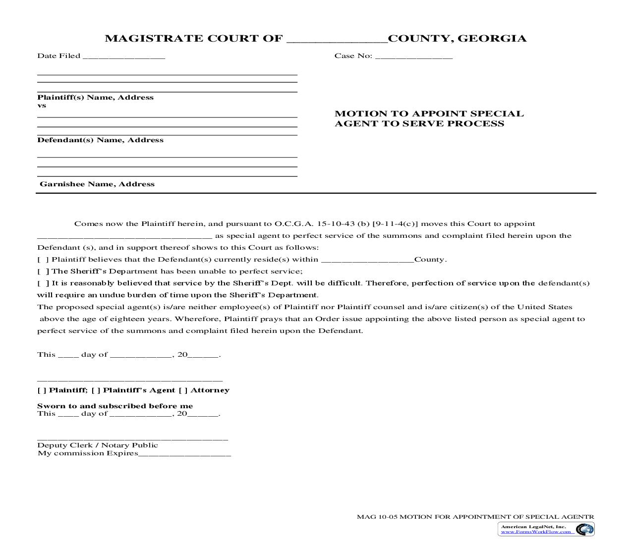 Motion To Appoint Special Agent To Serve Process | Pdf Fpdf Doc Docx | Georgia
