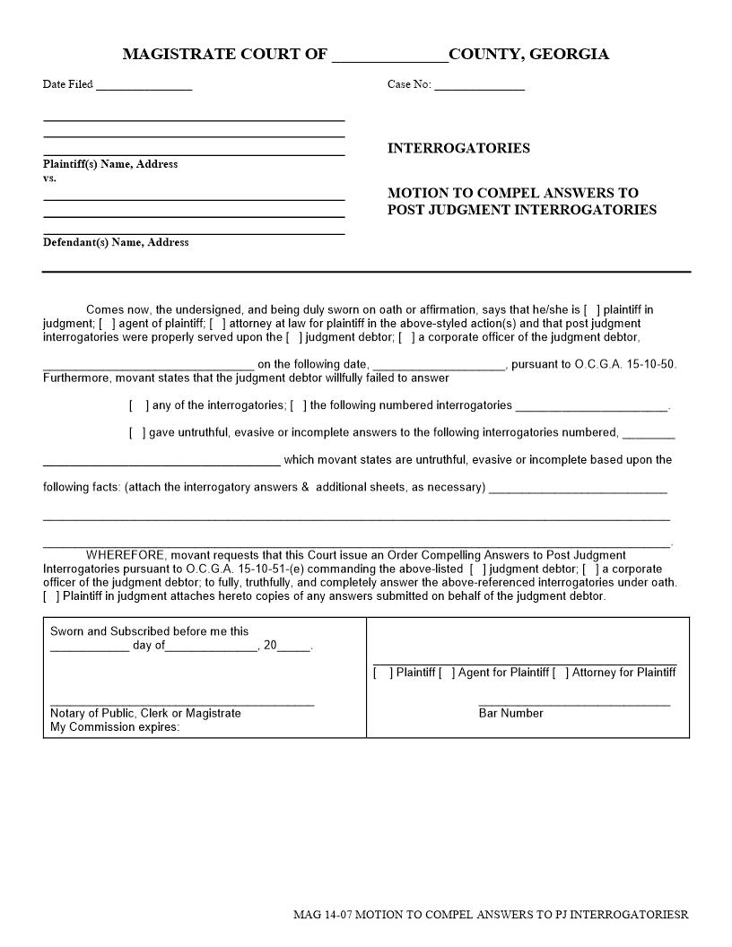 Motion To Compel Answers To Post Judgment Interrogatories | Pdf Fpdf Docx | Georgia
