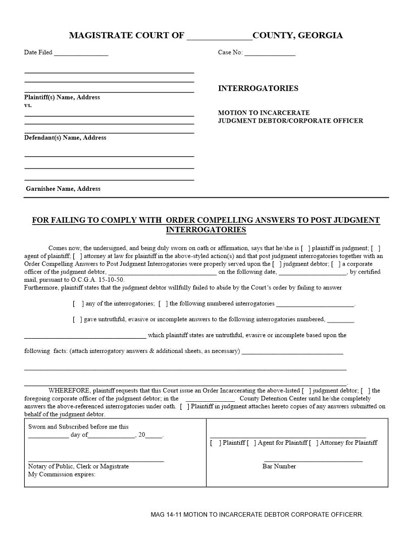 Motion To Incarcerate Judgment Debtor Corporate Officer | Pdf Fpdf Docx | Georgia