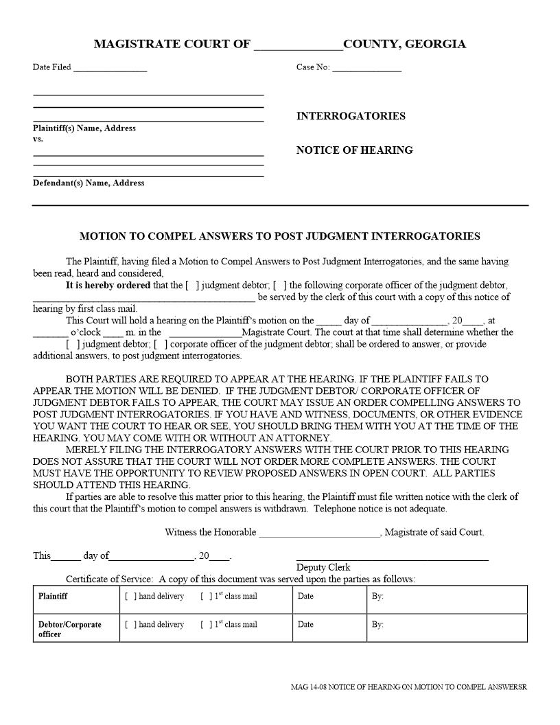 Notice Of Hearing On Motion To Compel Answers  | Pdf Fpdf Docx | Georgia