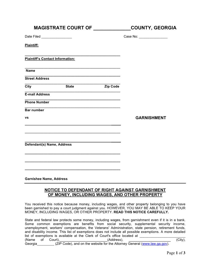Notice To Defendant Of Right Against Garnishment Of Money | Pdf Fpdf Doc Docx | Georgia