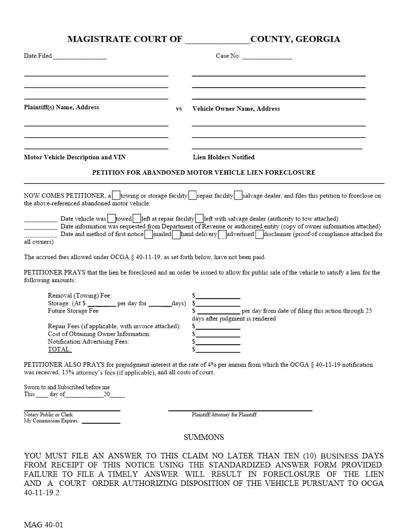 Petition For Abandoned Motor Vehicle Lien Foreclosure {MAG 40-01} | Pdf Fpdf Docx | Georgia