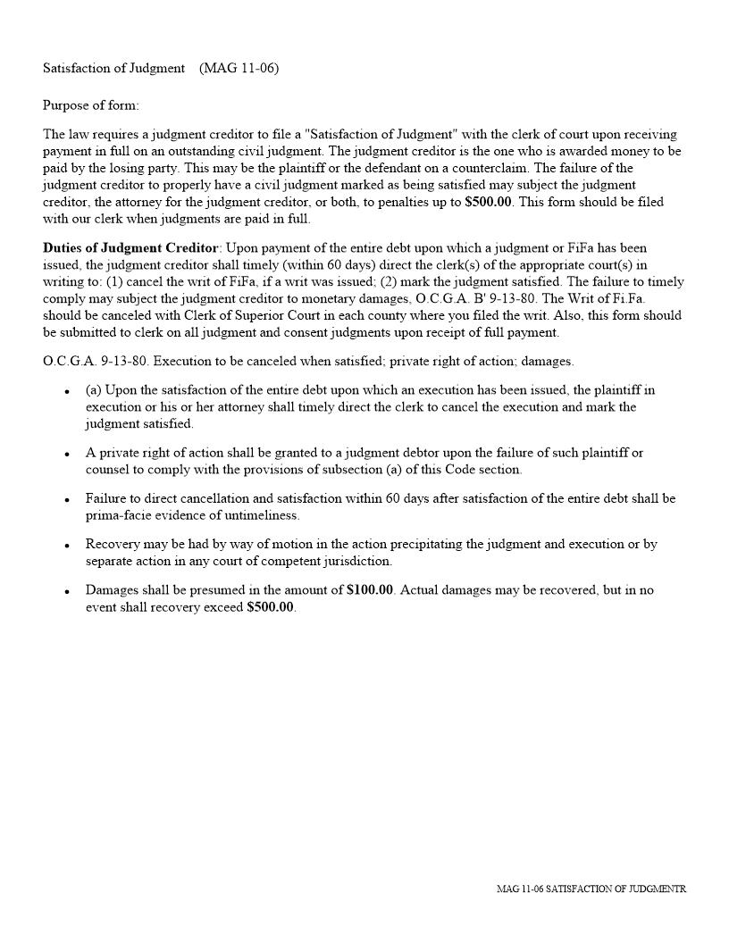 Satisfaction of Judgment | Pdf Fpdf Docx | Georgia