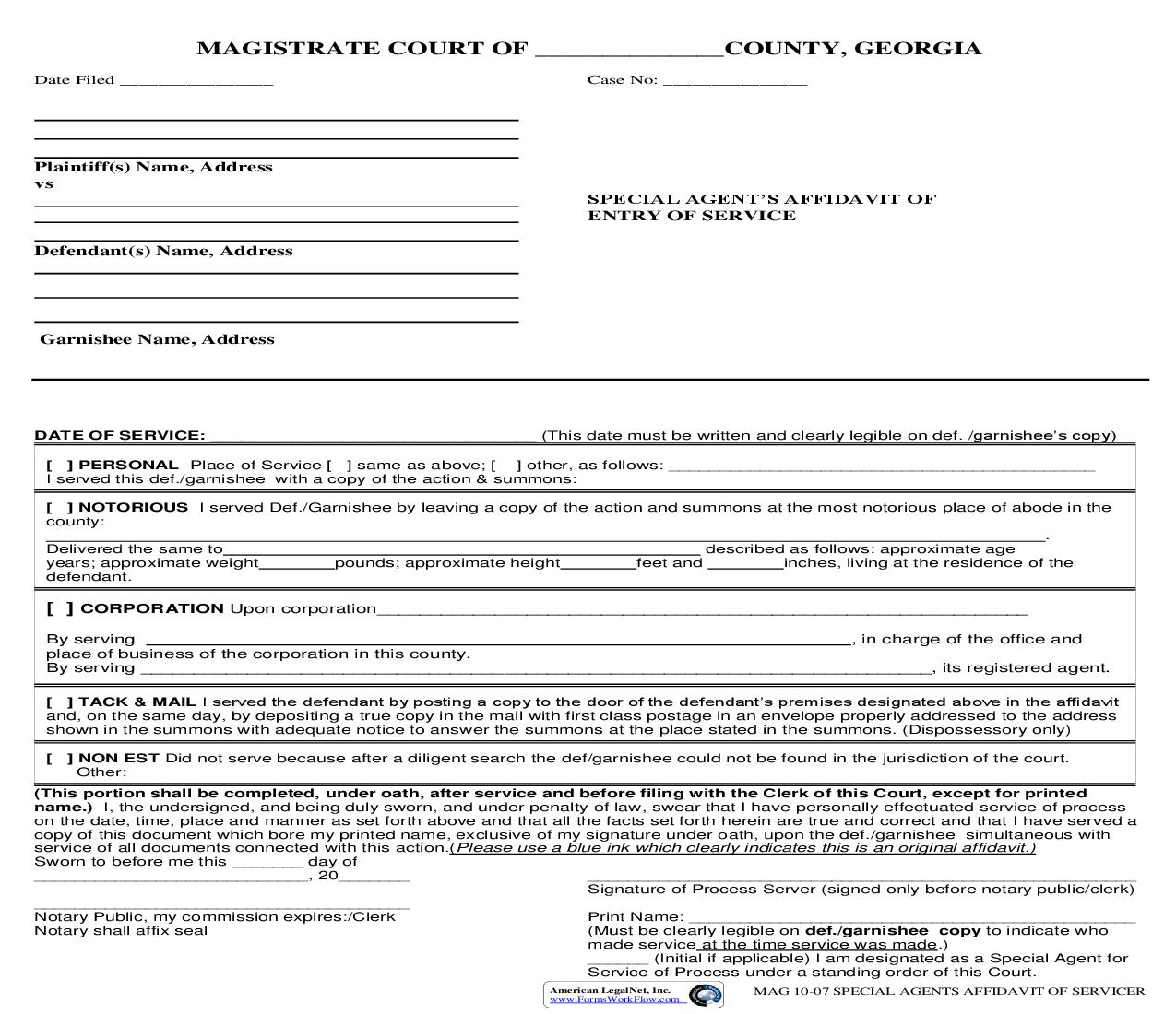 Special Agents Affidavit Of Entry Of Service | Pdf Fpdf Doc Docx | Georgia