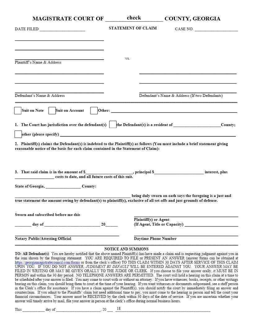 Statement Of Claim | Pdf Fpdf Doc Docx | Georgia