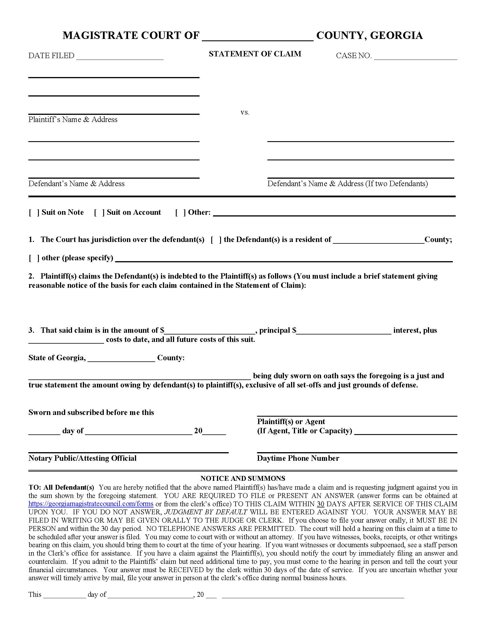 Statement Of Claim | Pdf Fpdf Doc Docx | Georgia