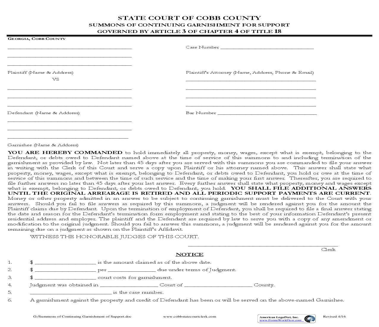 Summons Of Continuing Garnishment For Support | Pdf Fpdf Doc Docx | Georgia