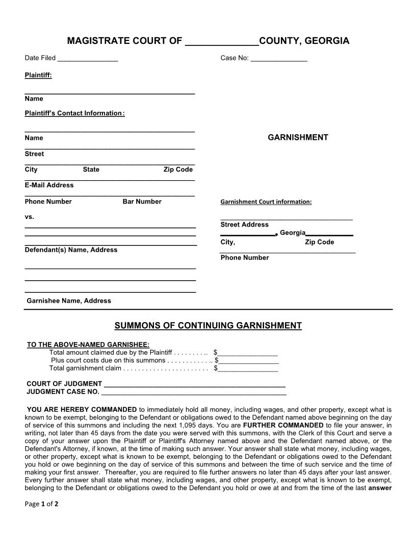 Summons Of Continuing Garnishment | Pdf Fpdf Doc Docx | Georgia