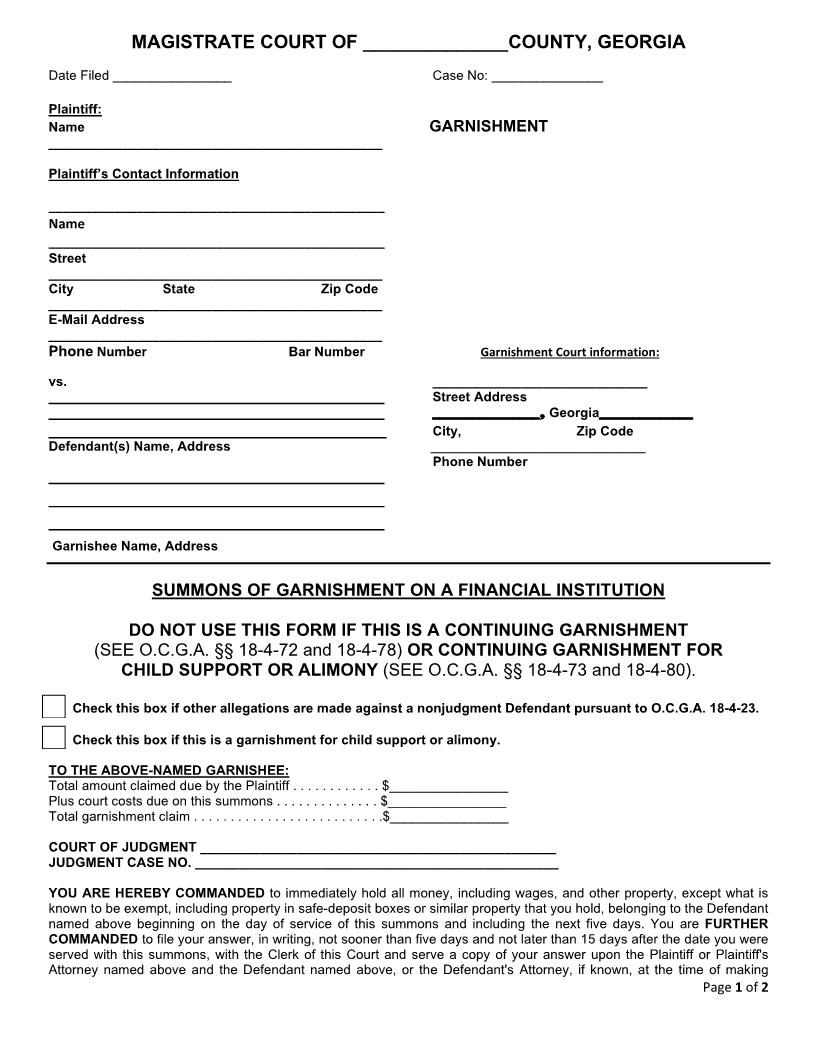 Summons Of Garnishment On A Financial Institution | Pdf Fpdf Doc Docx | Georgia