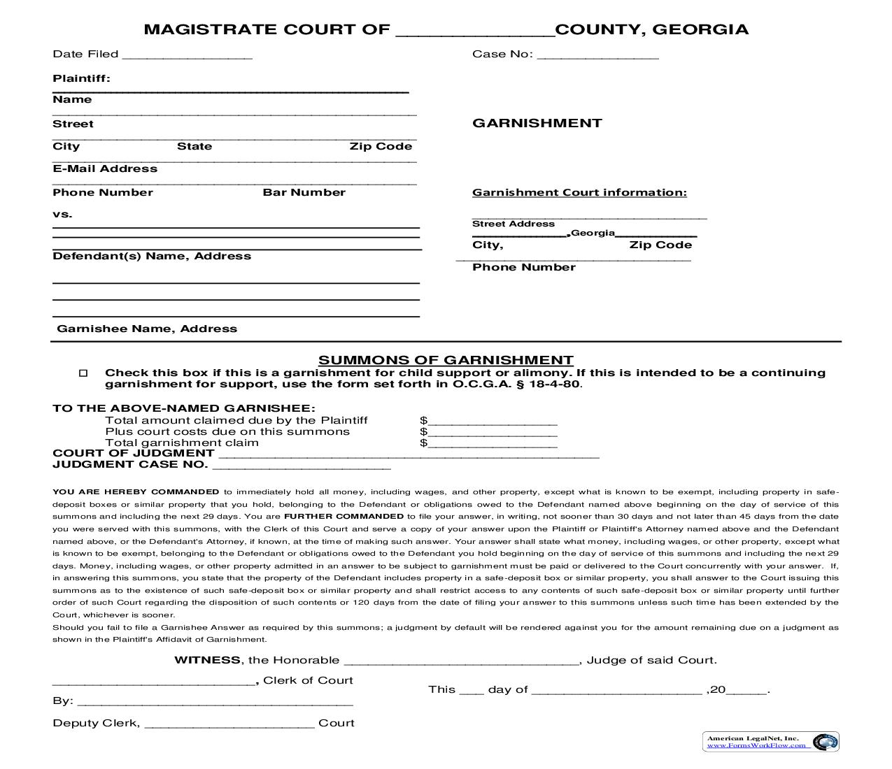 Summons Of Garnishment | Pdf Fpdf Doc Docx | Georgia