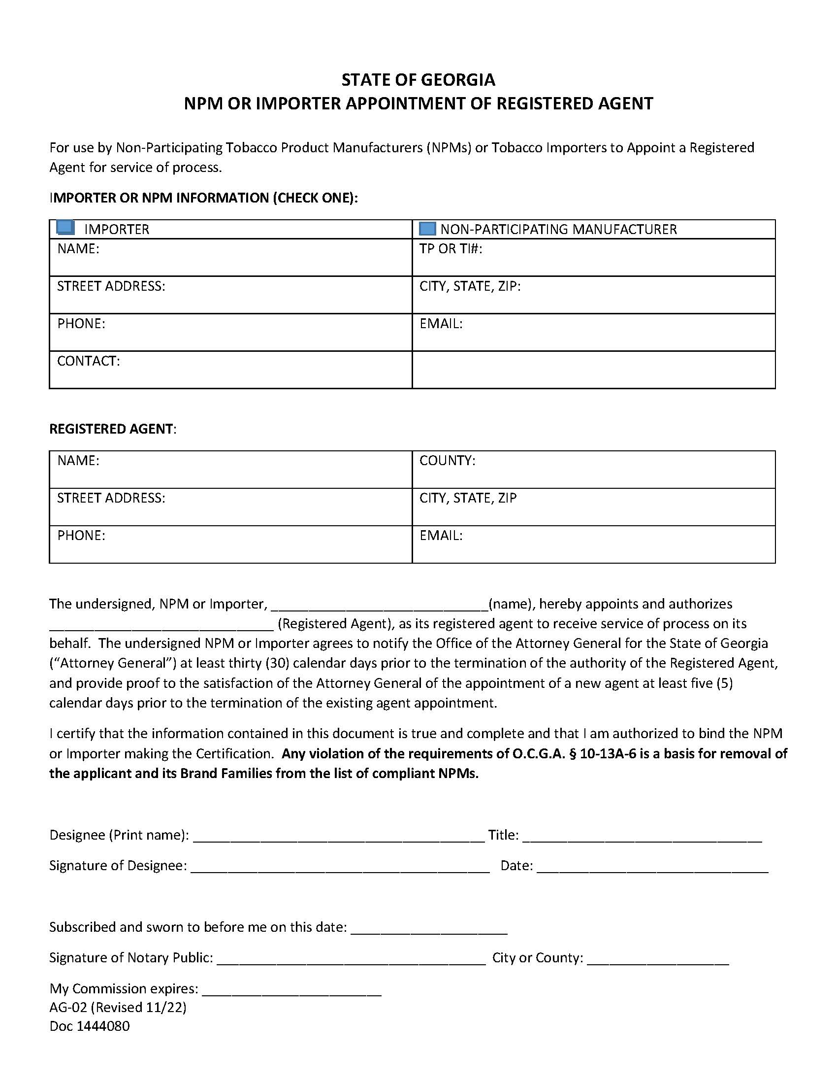 NPM Or Importer Appointment Of Registered Agent {AG-02} | Pdf Fpdf Doc Docx | Georgia