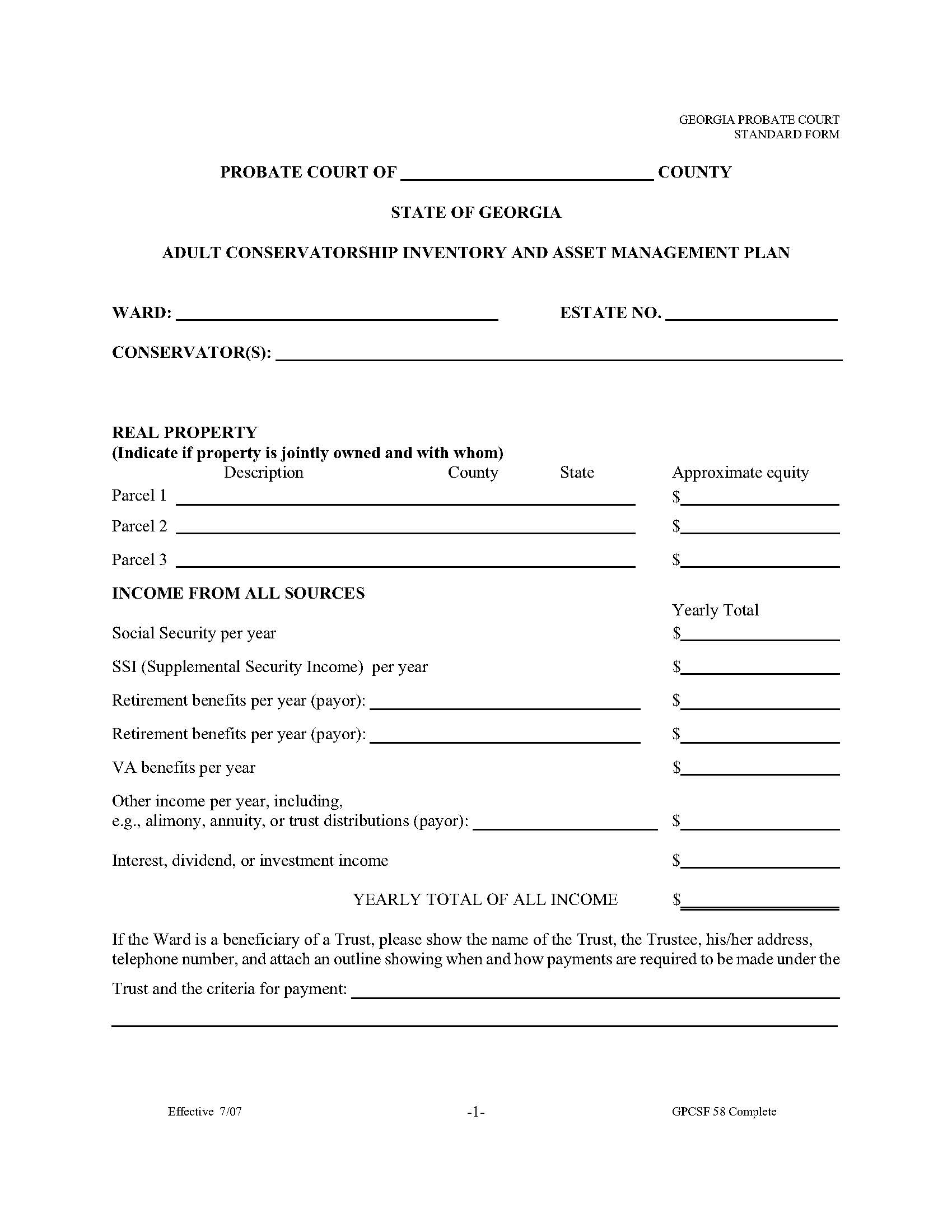 Adult Conservatorship Inventory And Asset Management Plan {GPCSF 58} | Pdf Fpdf Doc Docx | Georgia