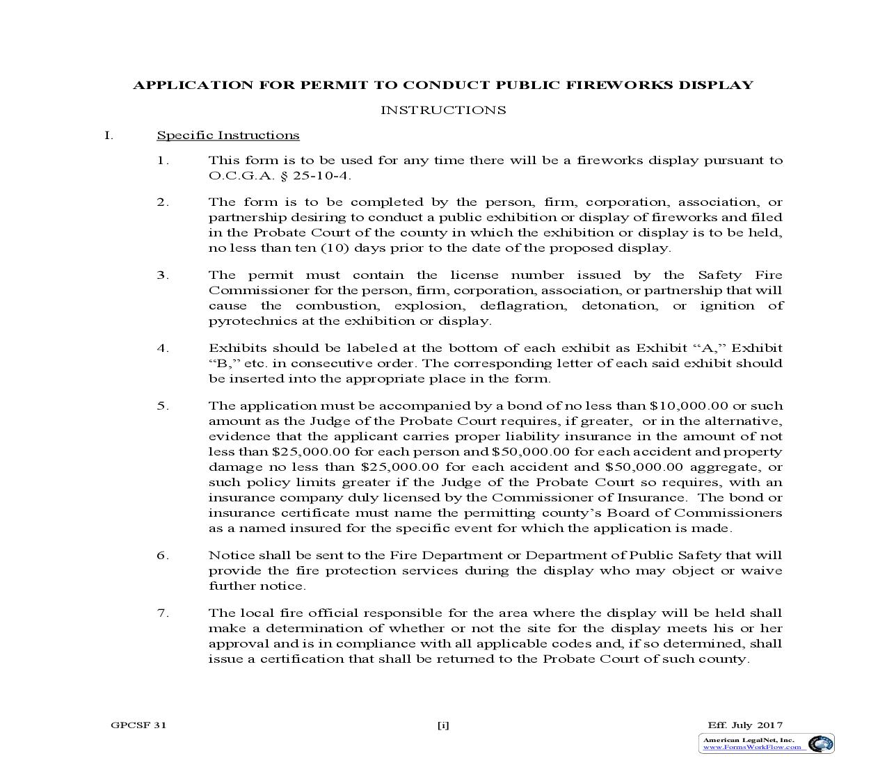 Application For Permit To Conduct Public Fireworks Display {GPCSF 31} | Pdf Fpdf Doc Docx | Georgia