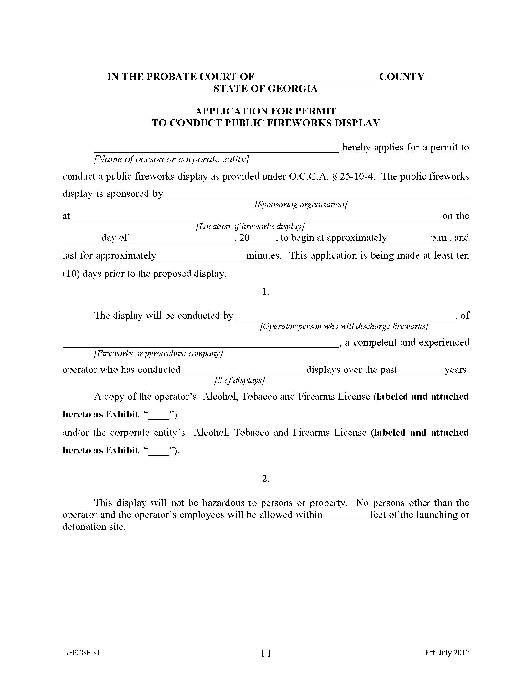 Application For Permit To Conduct Public Fireworks Display {GPCSF 31} | Pdf Fpdf Doc Docx | Georgia