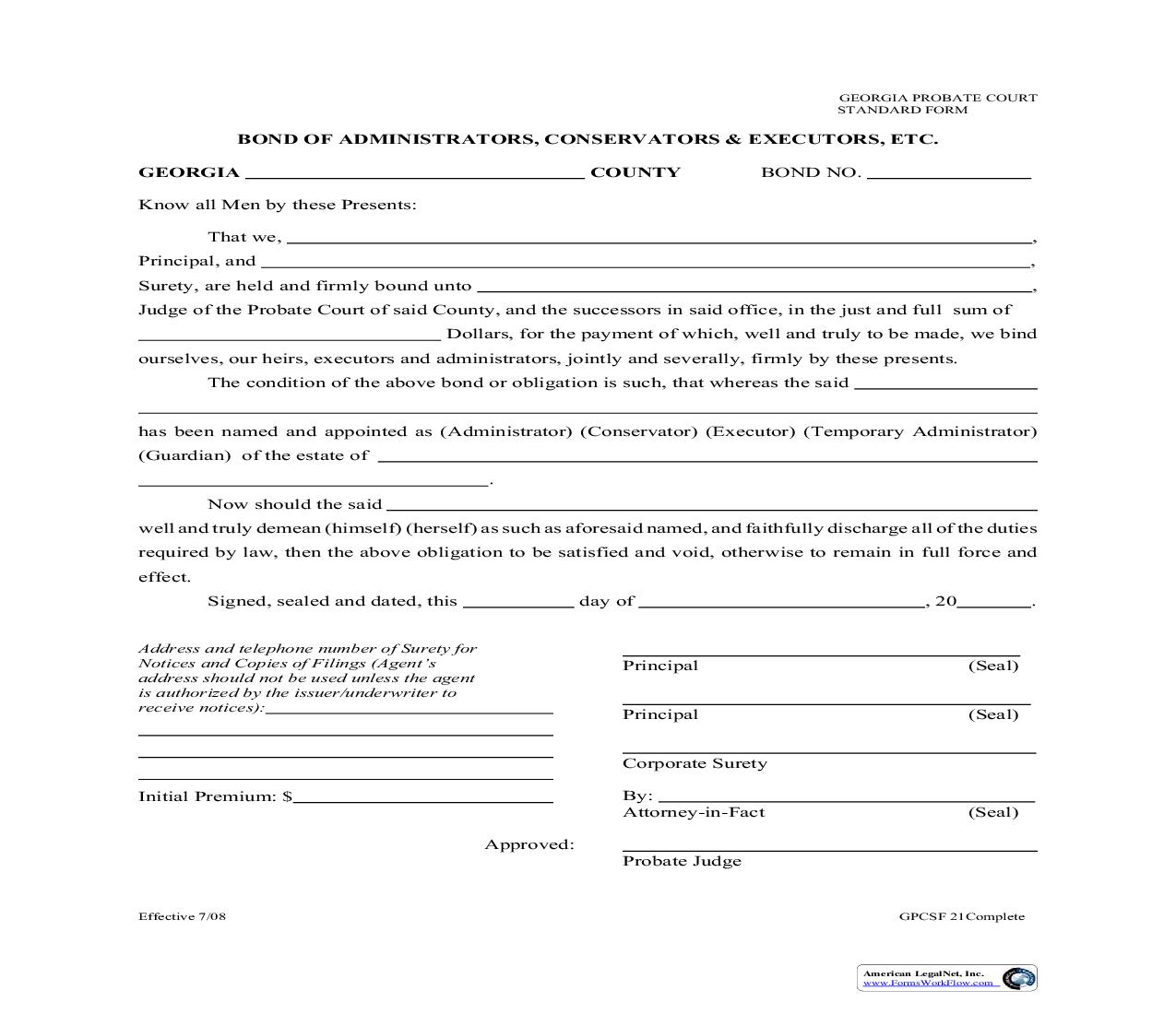 Bond Of Administrators Guardians And Executors Etc{GPCSF 21} | Pdf Fpdf Doc Docx | Georgia