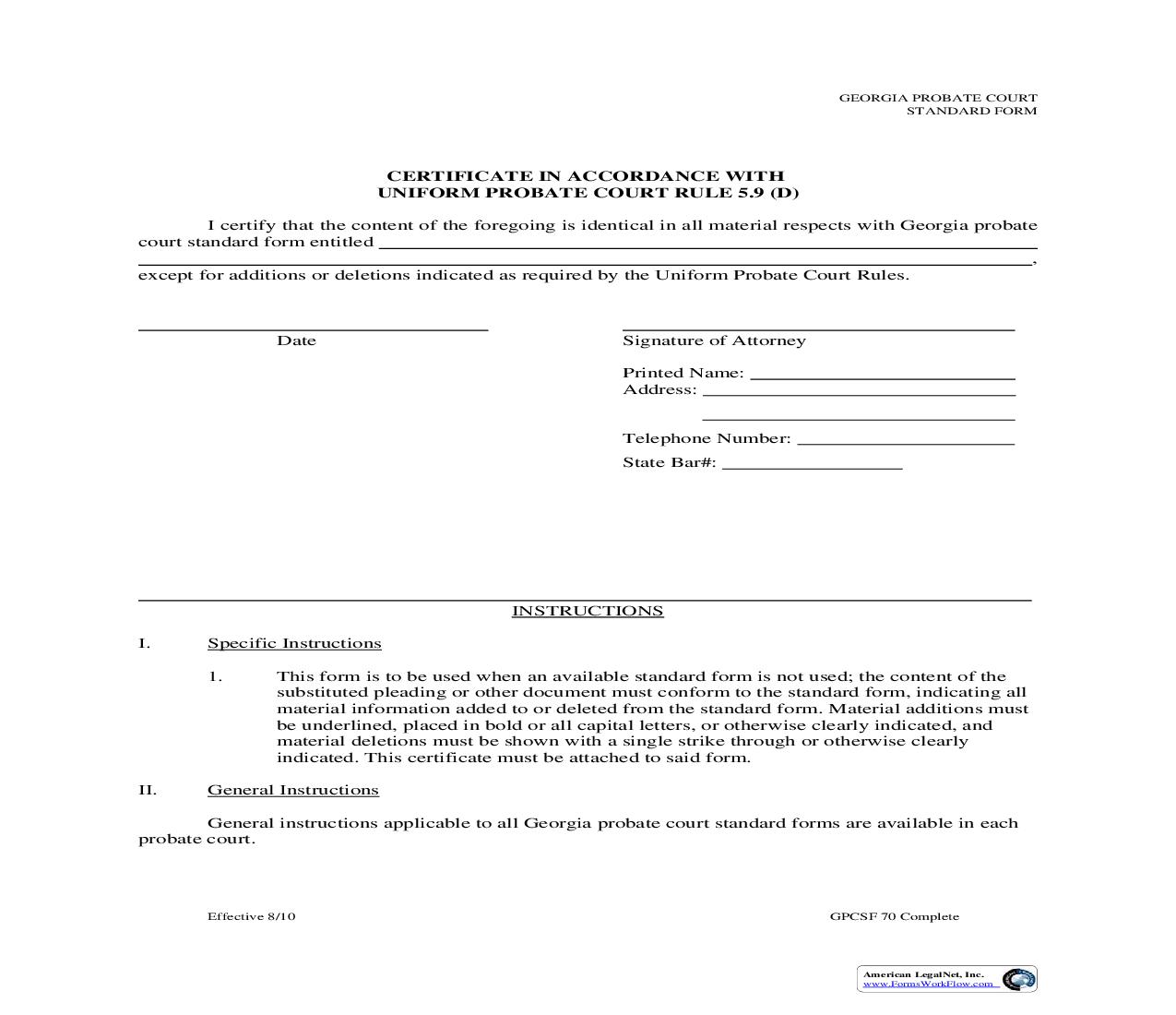Certificate In Accordance With Uniform Probate Court Rule 21(f) {GPCSF 70} | Pdf Fpdf Doc Docx | Georgia