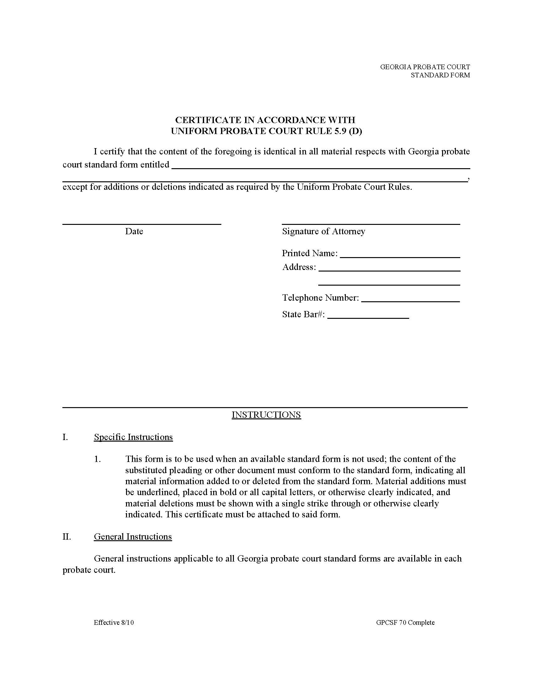 Certificate In Accordance With Uniform Probate Court Rule 21(f) {GPCSF 70} | Pdf Fpdf Doc Docx | Georgia
