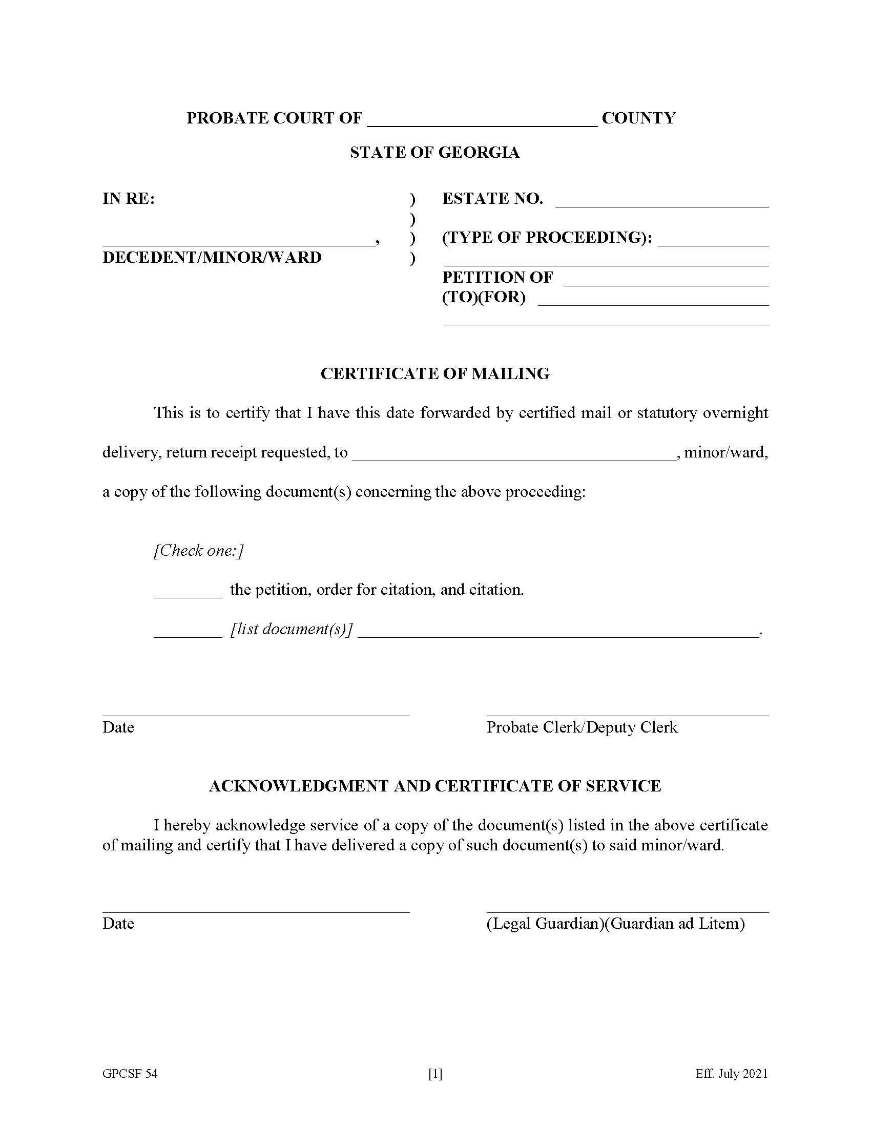 Certificate Of Mailing {GPCSF 54} | Pdf Fpdf Doc Docx | Georgia