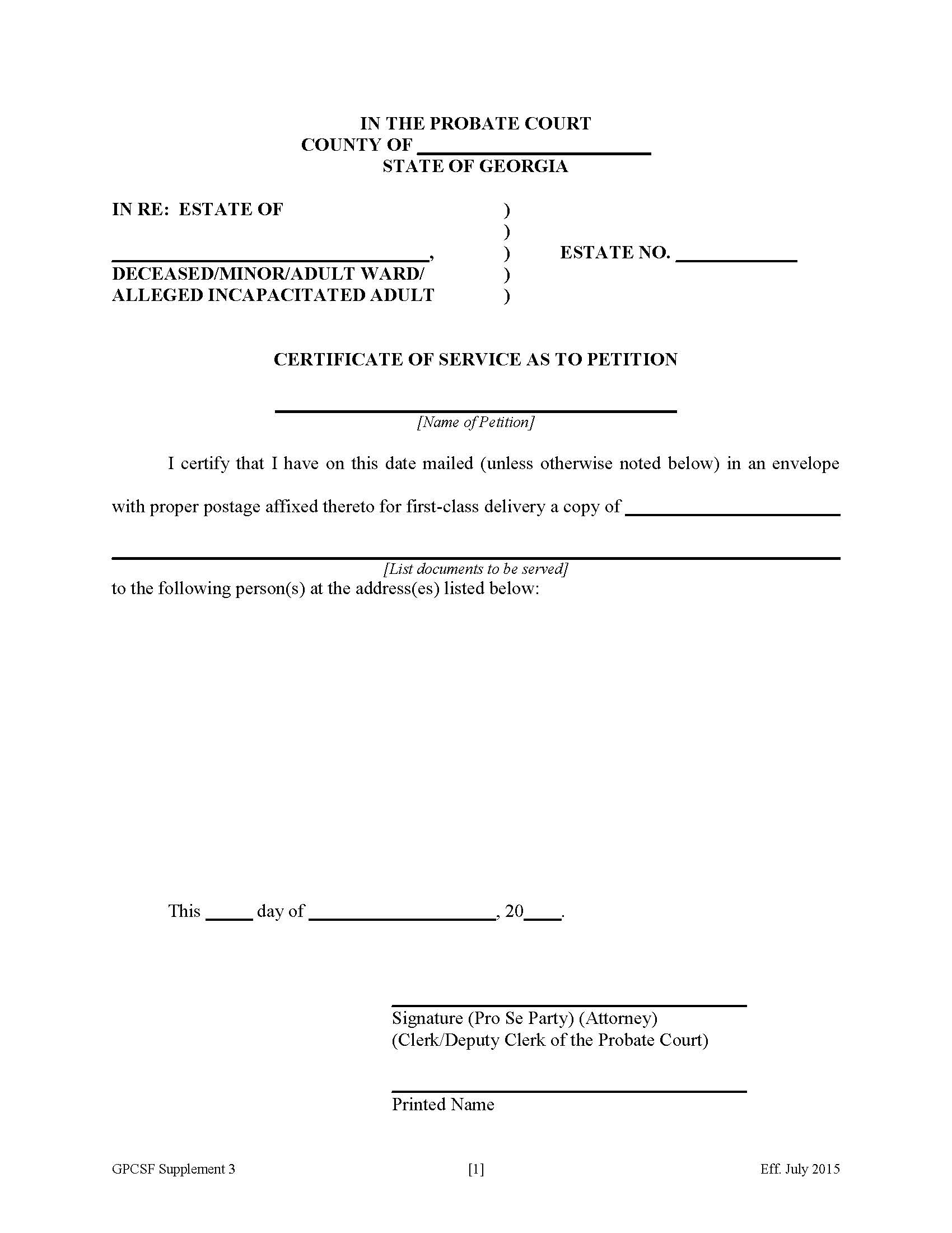 Certificate Of Service As To Petition {Supp 3} | Pdf Fpdf Doc Docx | Georgia