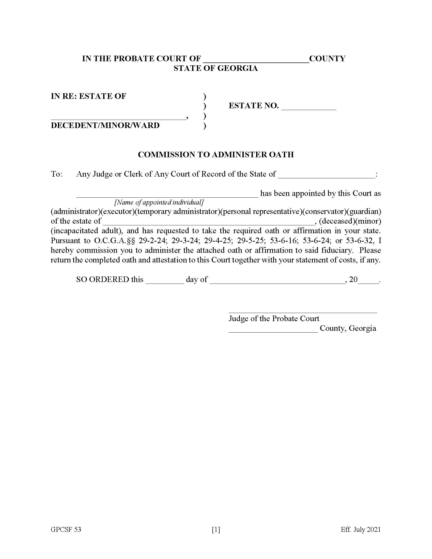 Commission To Administer Oath  {GPCSF 53} | Pdf Fpdf Doc Docx | Georgia