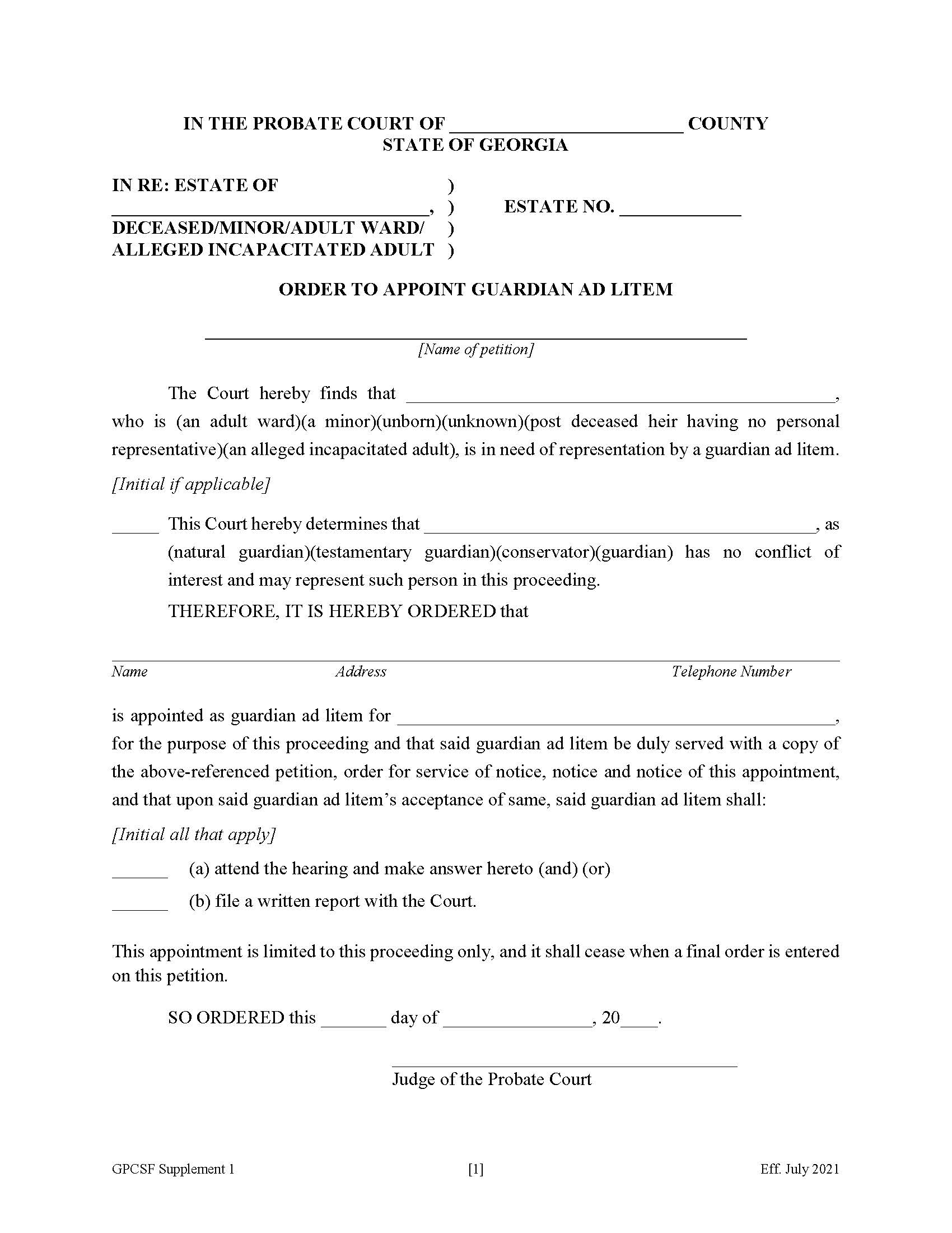 Determination By Court That A Person May Act As Guardian {Supp 1} | Pdf Fpdf Doc Docx | Georgia