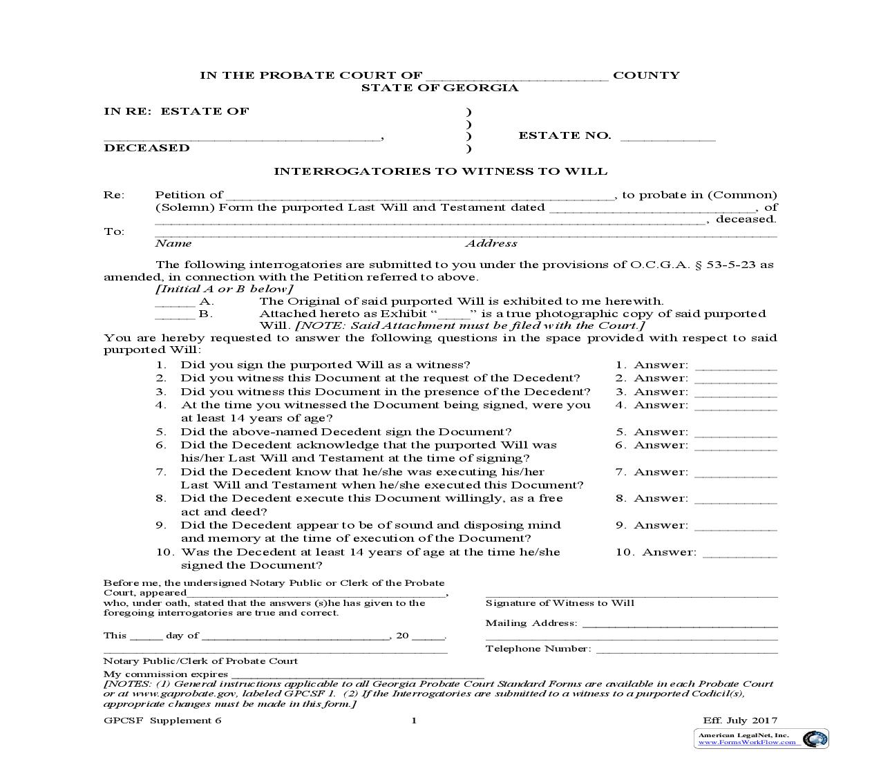 Interrogatories To Witness To Will {Supp 6} | Pdf Fpdf Doc Docx | Georgia