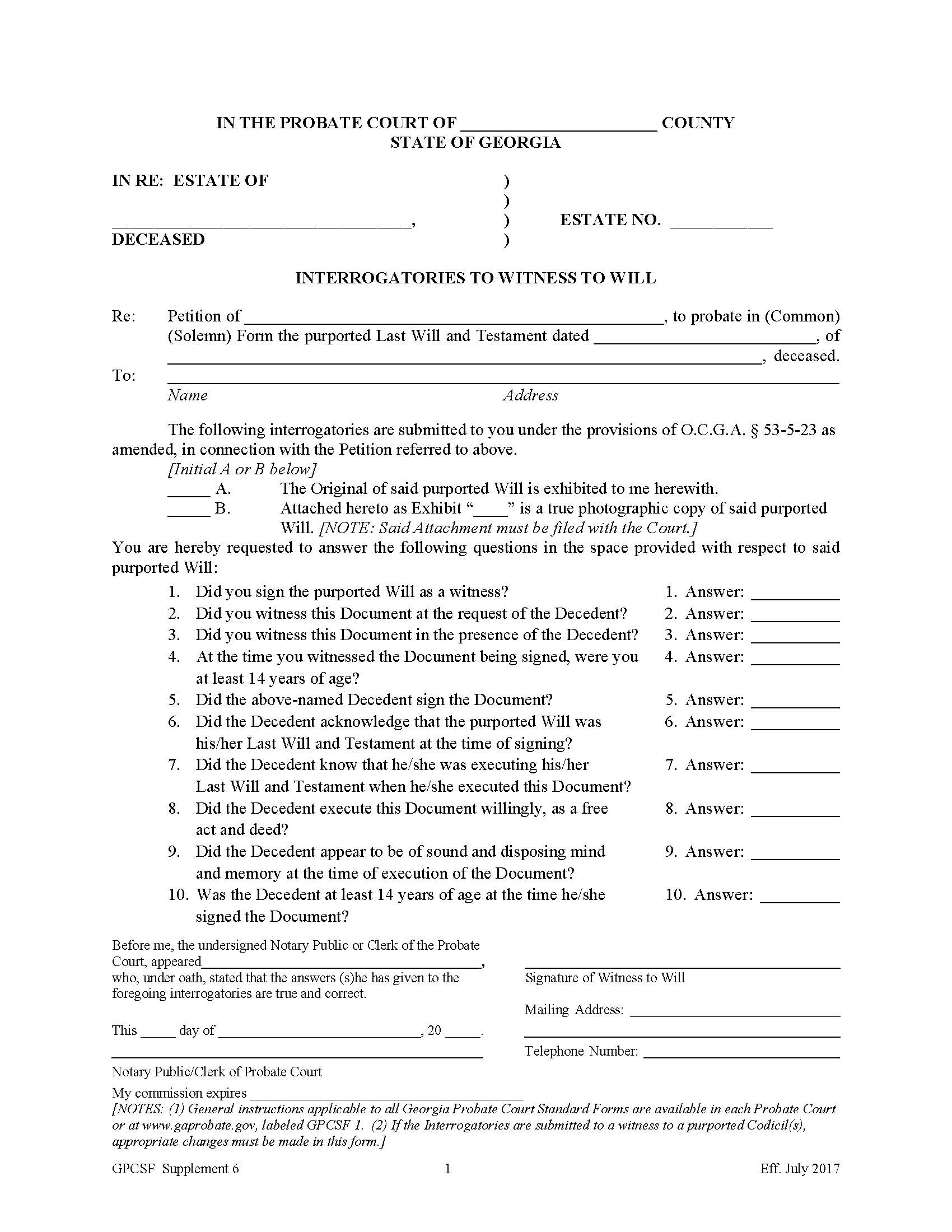 Interrogatories To Witness To Will {Supp 6} | Pdf Fpdf Doc Docx | Georgia