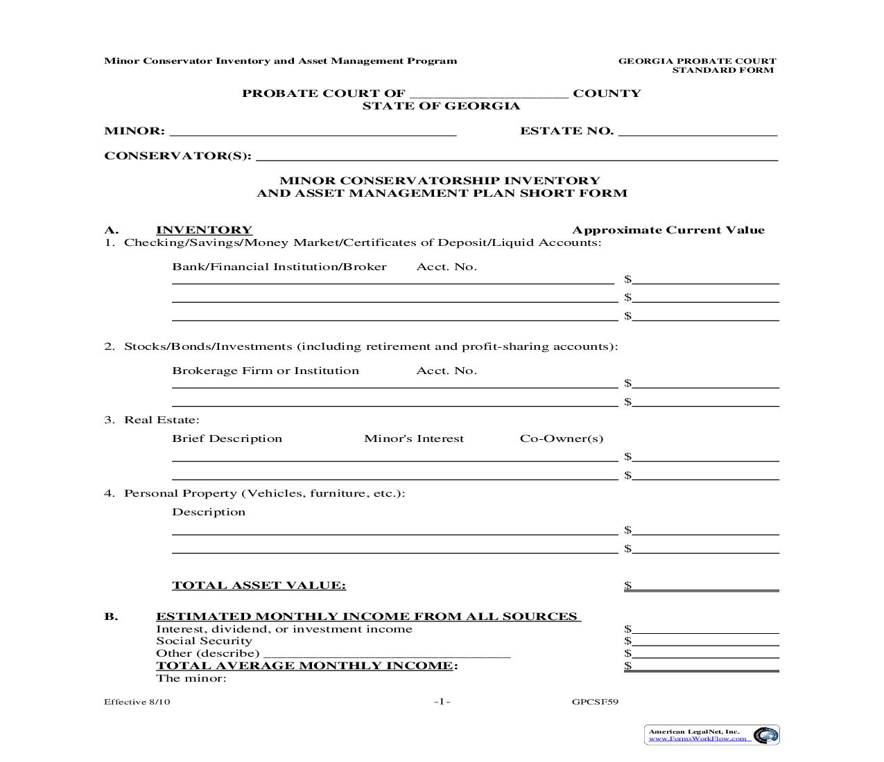 Minor Conservatorship Inventory And Asset Management Plan Short Form {GPCSF 59} | Pdf Fpdf Doc Docx | Georgia