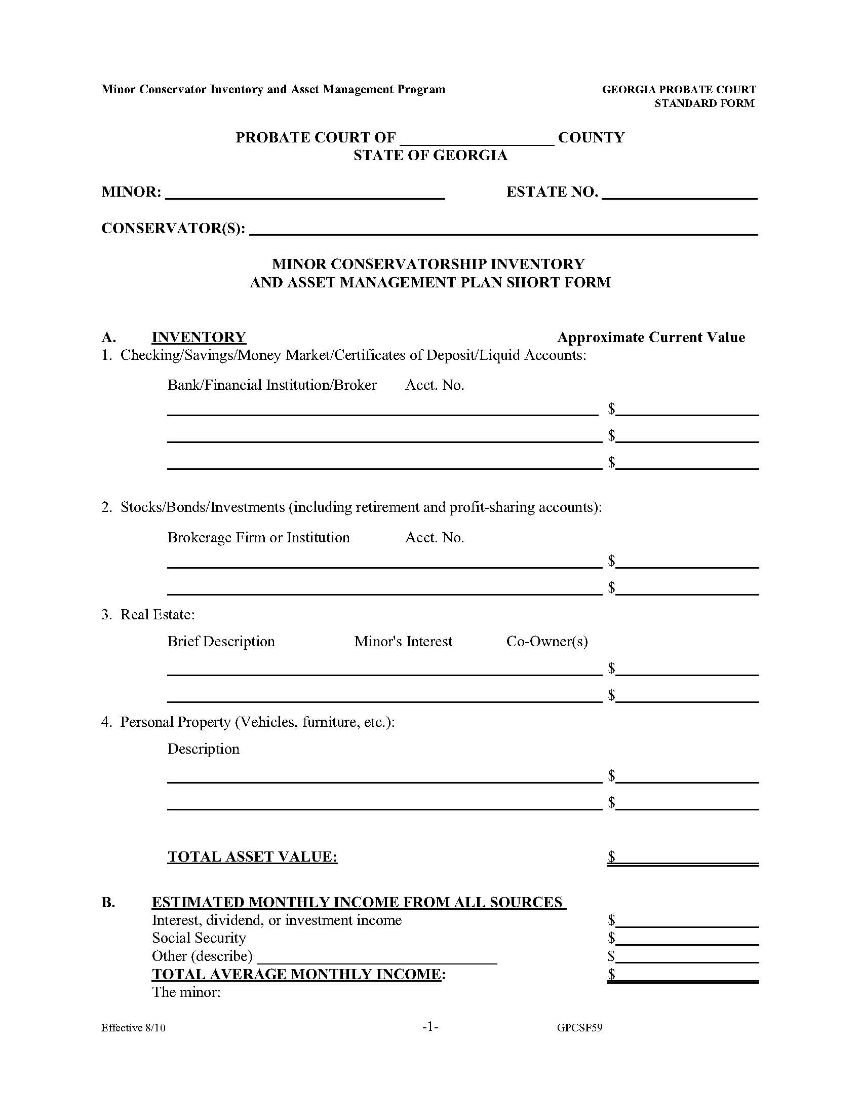 Minor Conservatorship Inventory And Asset Management Plan Short Form {GPCSF 59} | Pdf Fpdf Doc Docx | Georgia