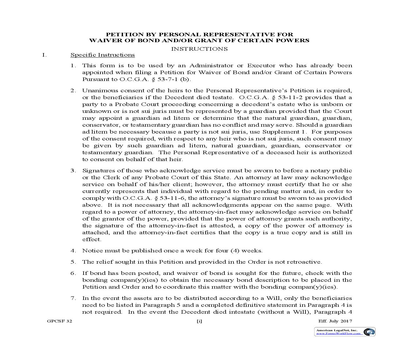 Petition By Personal Representative For Waiver Of Bond-Grant Of Certain Powers {GPCSF 32} | Pdf Fpdf Doc Docx | Georgia