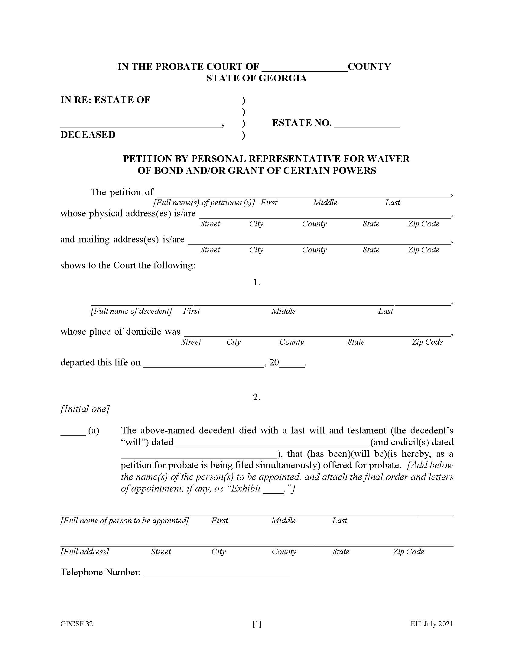 Petition By Personal Representative For Waiver Of Bond-Grant Of Certain Powers {GPCSF 32} | Pdf Fpdf Doc Docx | Georgia