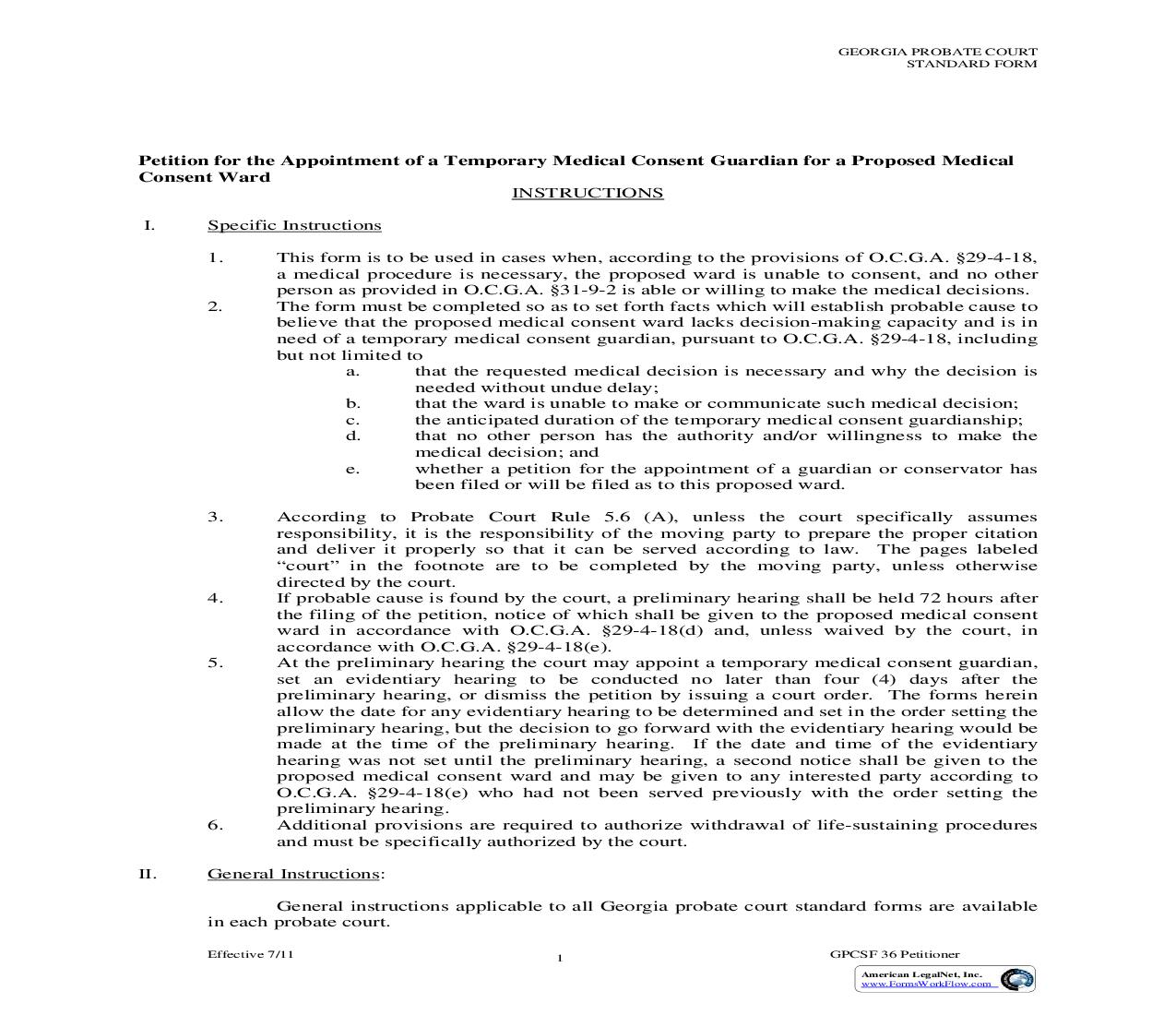 Petition For Appointment Of A Temporary Medical Consent Guardian For A Proposed Medical Consent Ward  {GPCSF 36} | Pdf Fpdf Doc Docx | Georgia