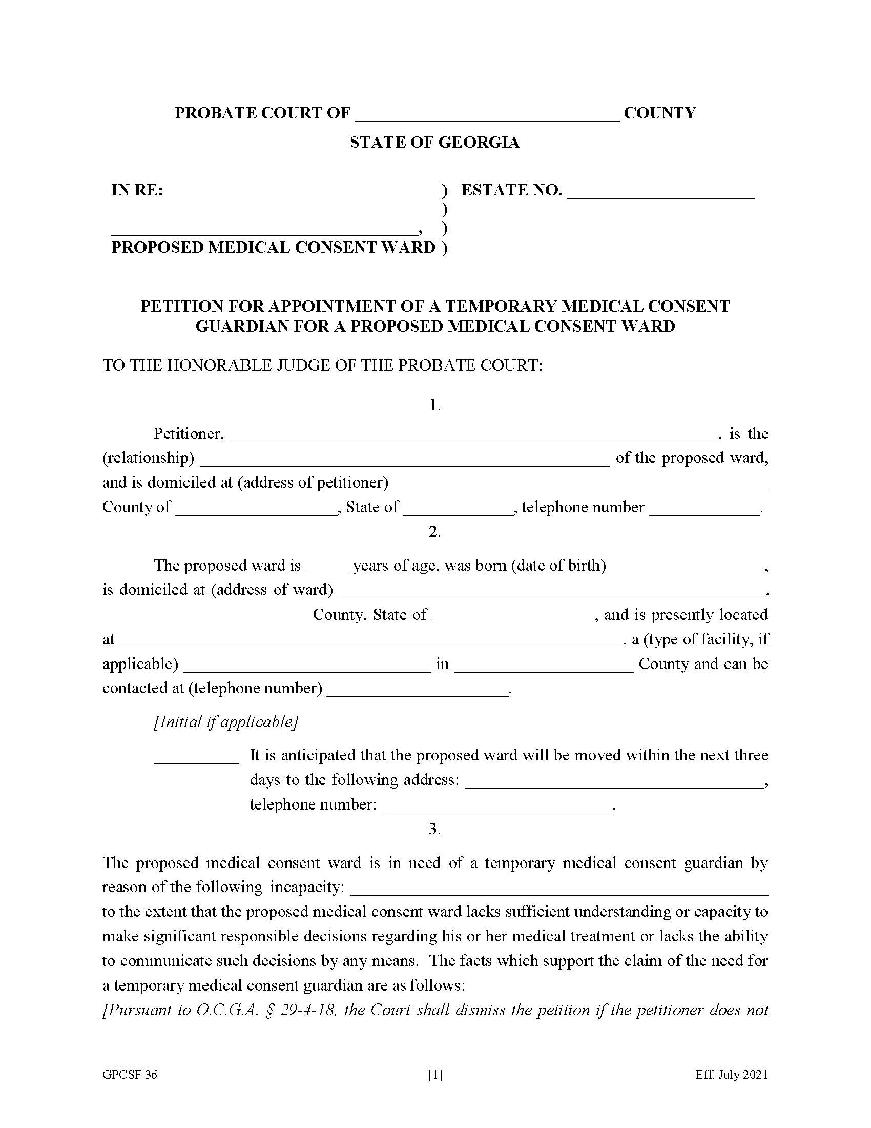 Petition For Appointment Of A Temporary Medical Consent Guardian For A Proposed Medical Consent Ward  {GPCSF 36} | Pdf Fpdf Doc Docx | Georgia