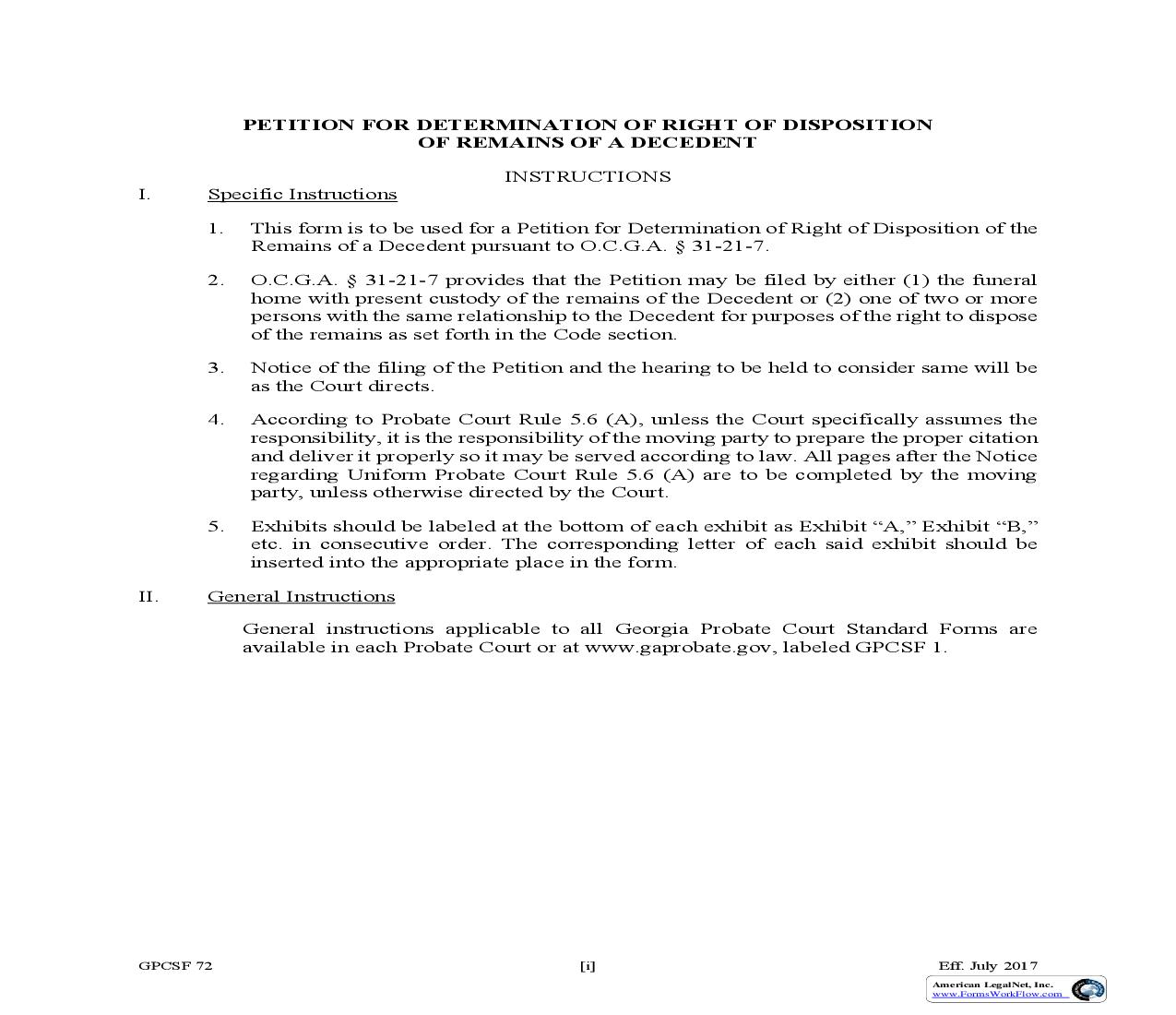 Petition For Determination Of Right Of Disposition Of Remains Of Decdent {GPCSF 72} | Pdf Fpdf Doc Docx | Georgia
