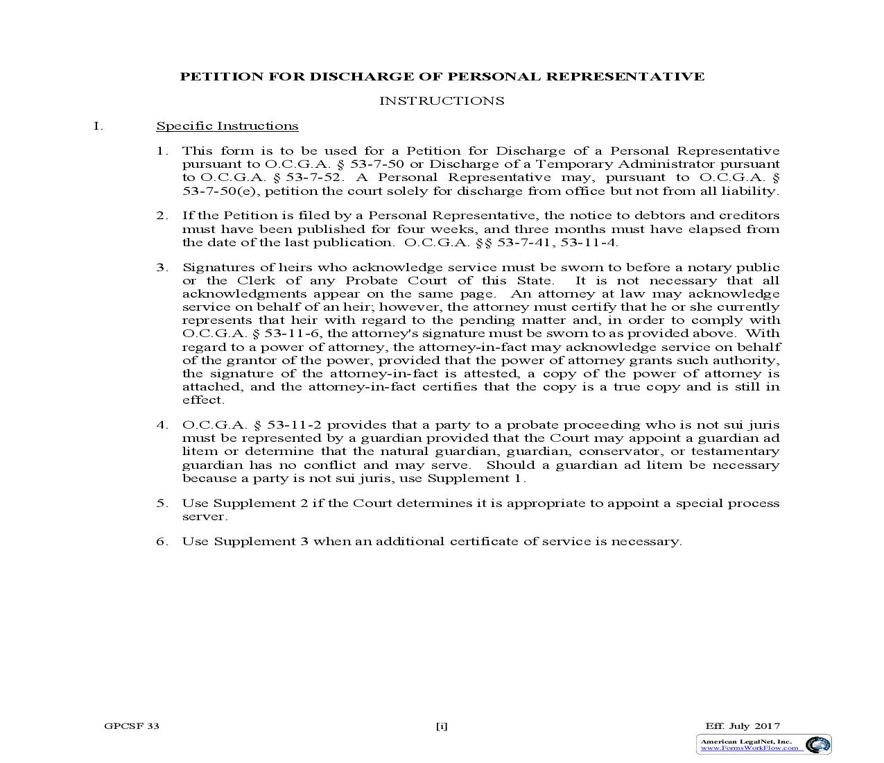 Petition For Discharge Of Personal Representative {GPCSF 33} | Pdf Fpdf Doc Docx | Georgia