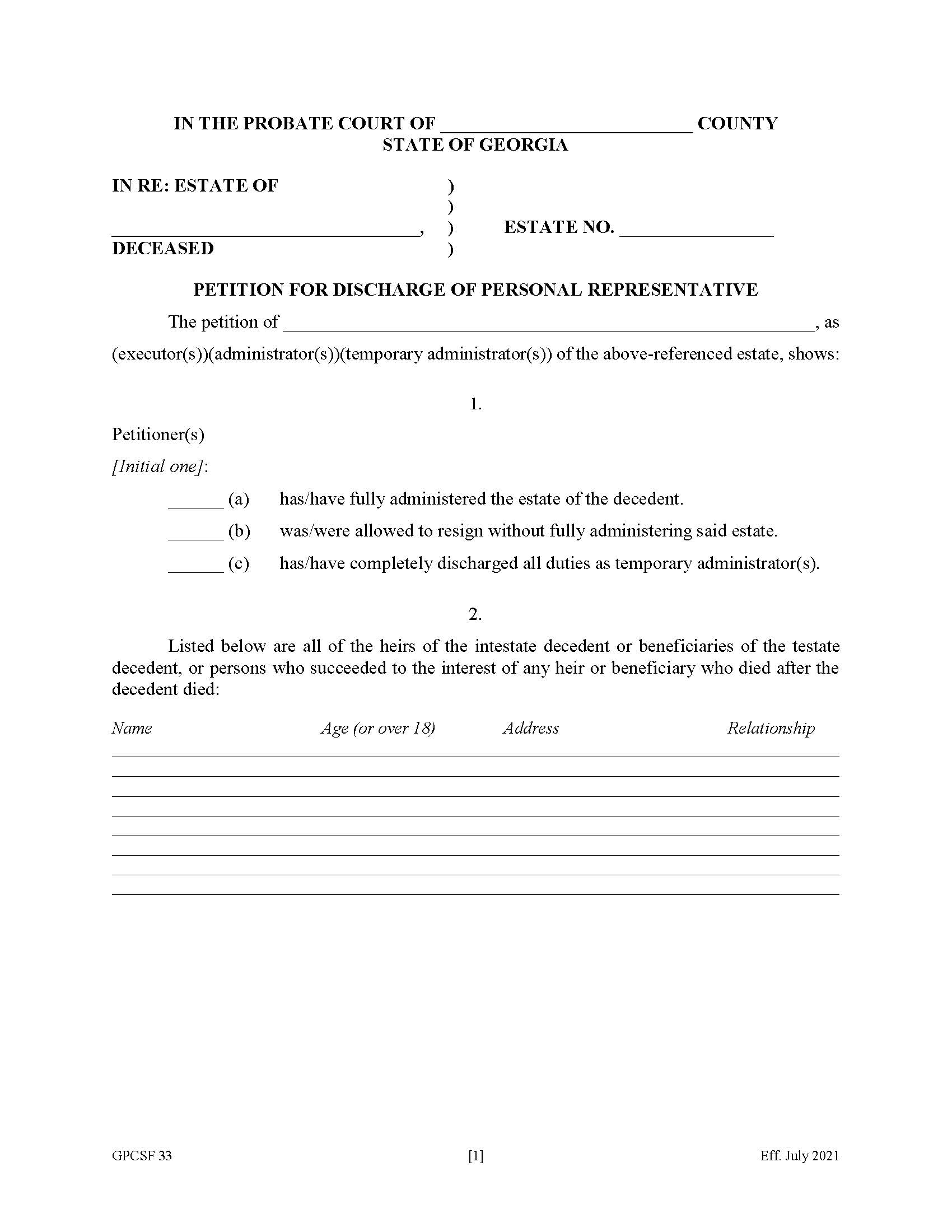 Petition For Discharge Of Personal Representative {GPCSF 33} | Pdf Fpdf Doc Docx | Georgia