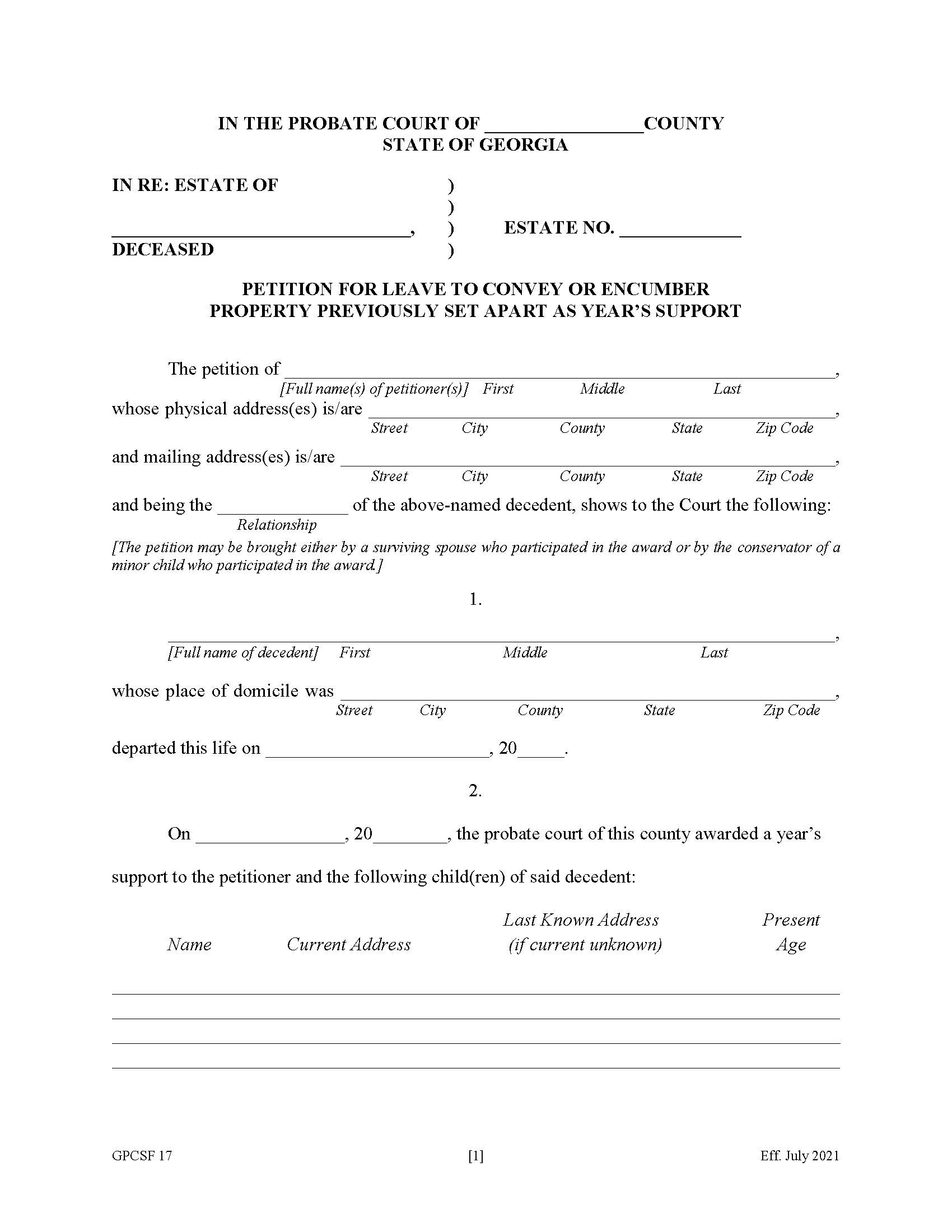 Petition For Leave To Convey Or Encumber Property Previously Set Aside {GPCSF 17} | Pdf Fpdf Doc Docx | Georgia