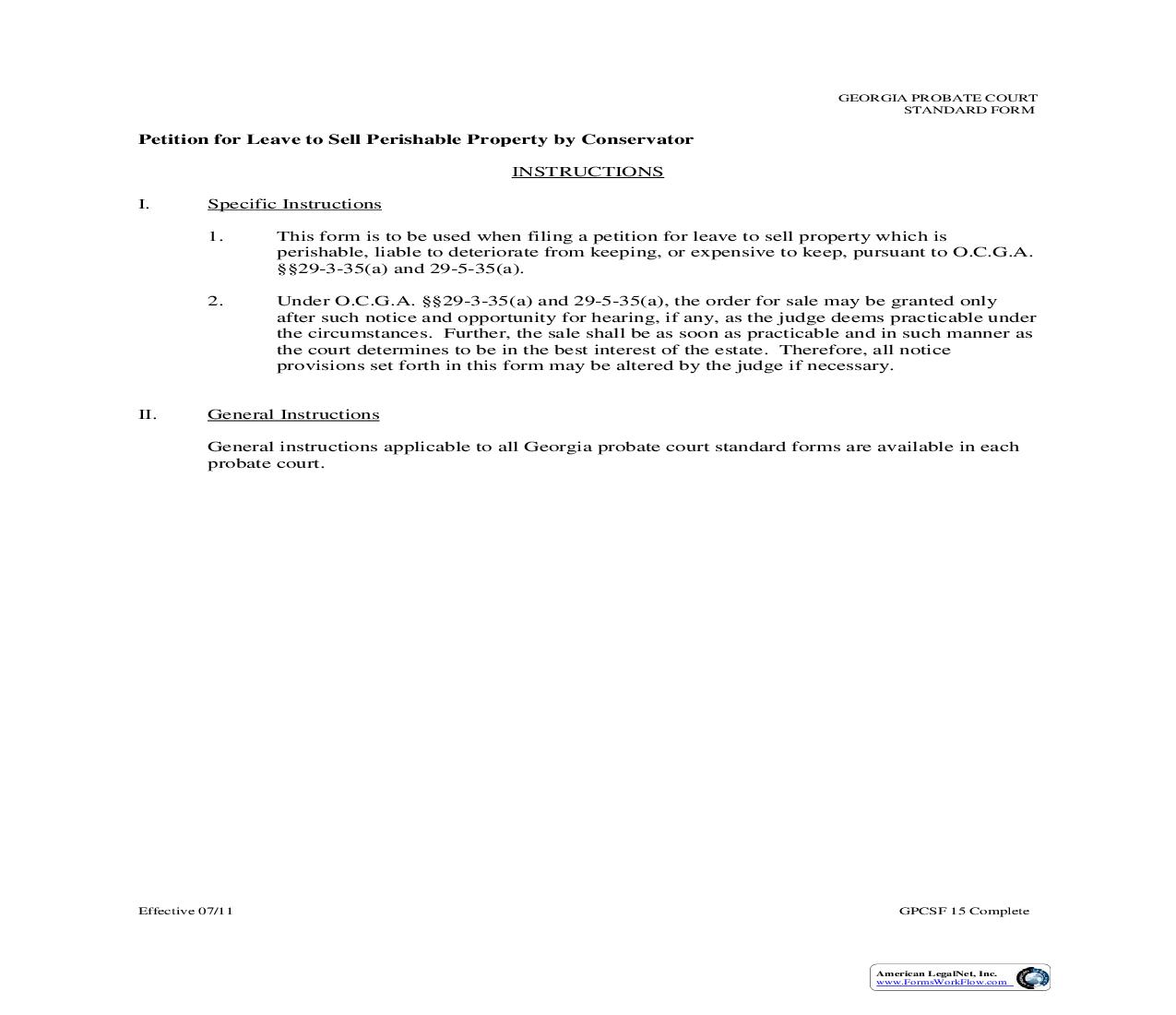 Petition For Leave To Sell Perishable Property By Conservator {GPCSF 15} | Pdf Fpdf Doc Docx | Georgia