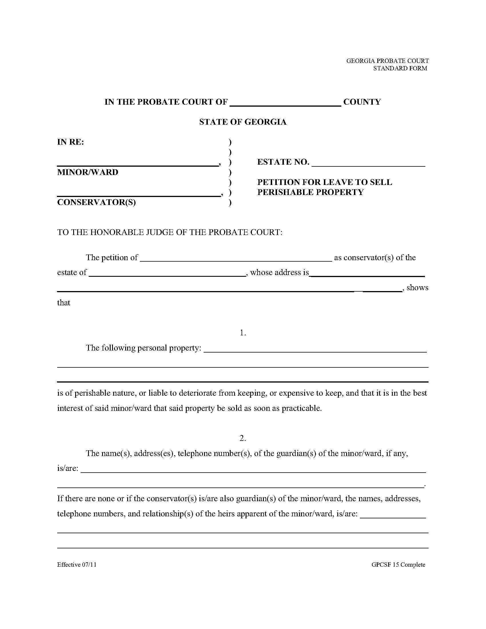 Petition For Leave To Sell Perishable Property By Conservator {GPCSF 15} | Pdf Fpdf Doc Docx | Georgia