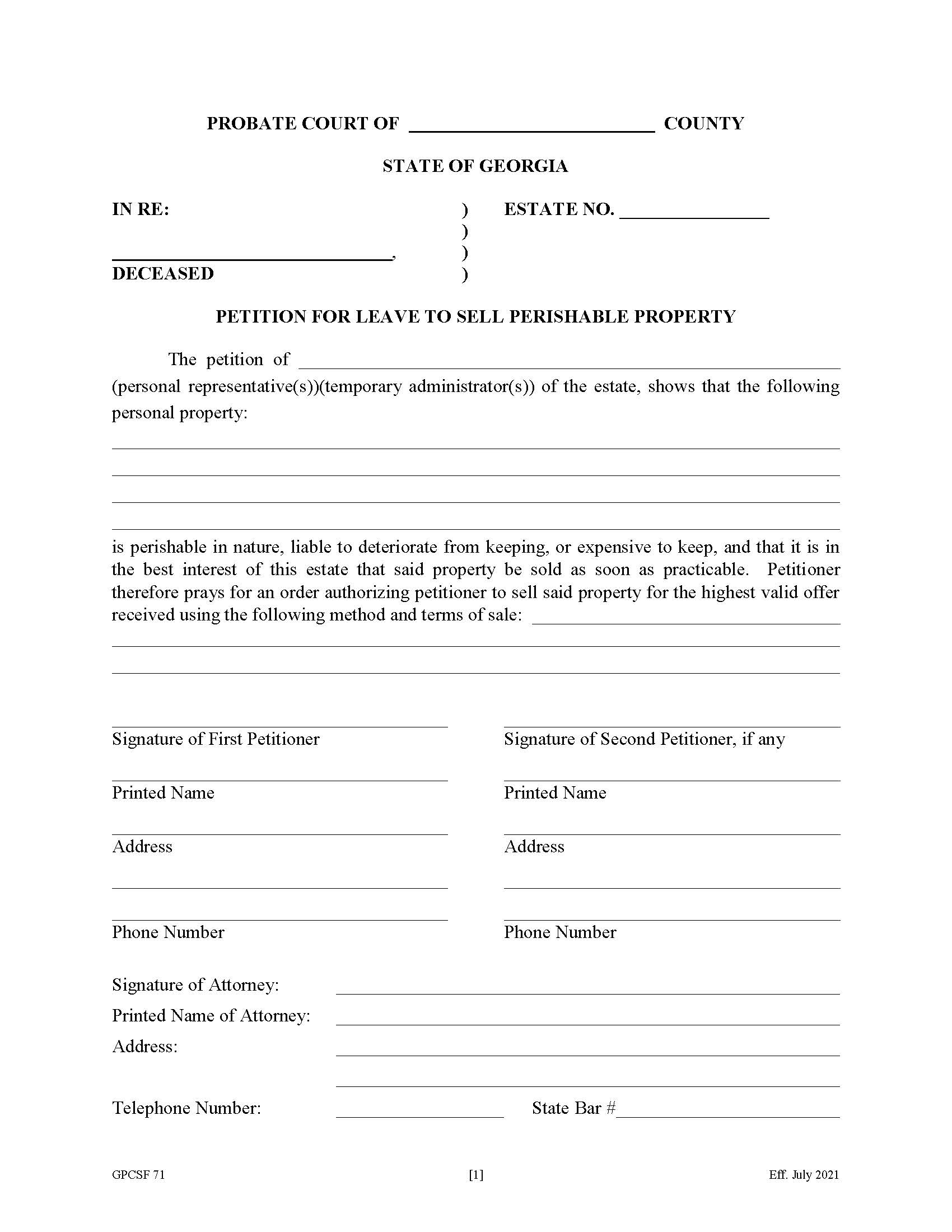 Petition For Leave To Sell Perishable Property By Personal Representative {GPCSF 71} | Pdf Fpdf Doc Docx | Georgia