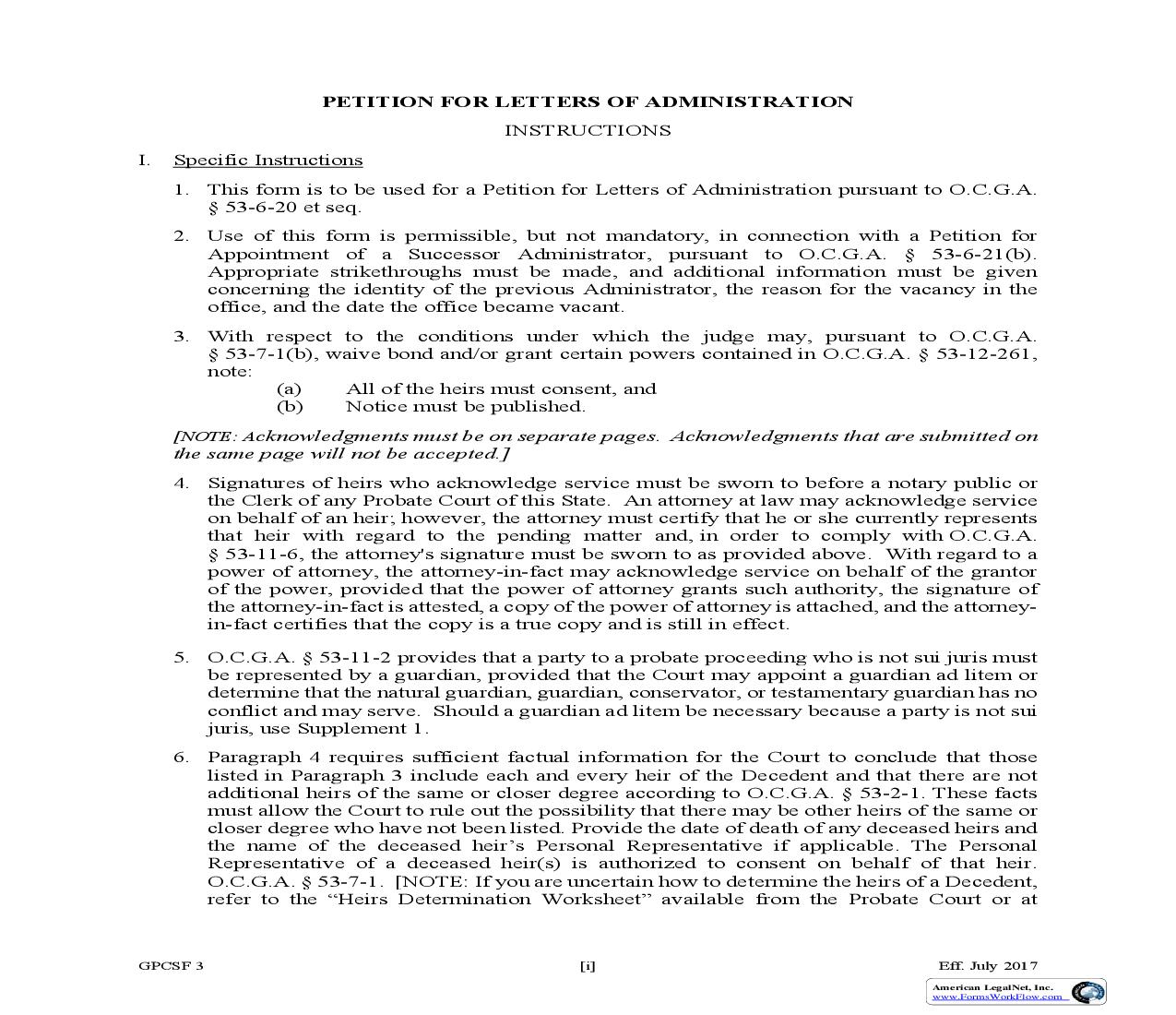 Petition For Letters Of Administration {GPCSF 3} | Pdf Fpdf Doc Docx | Georgia