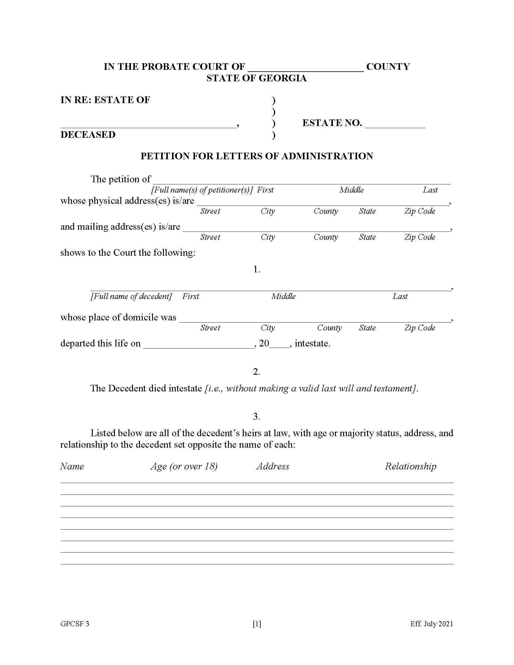 Petition For Letters Of Administration {GPCSF 3} | Pdf Fpdf Doc Docx | Georgia