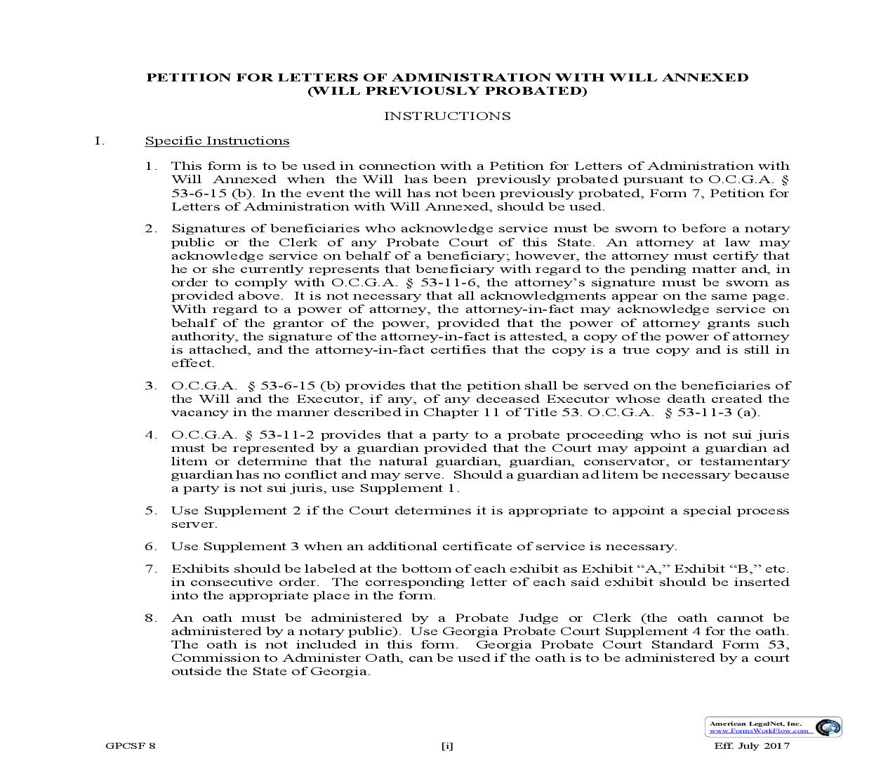 Petition For Letters Of Administration With Will Annexed Will Previously Probated {GPCSF 8} | Pdf Fpdf Doc Docx | Georgia