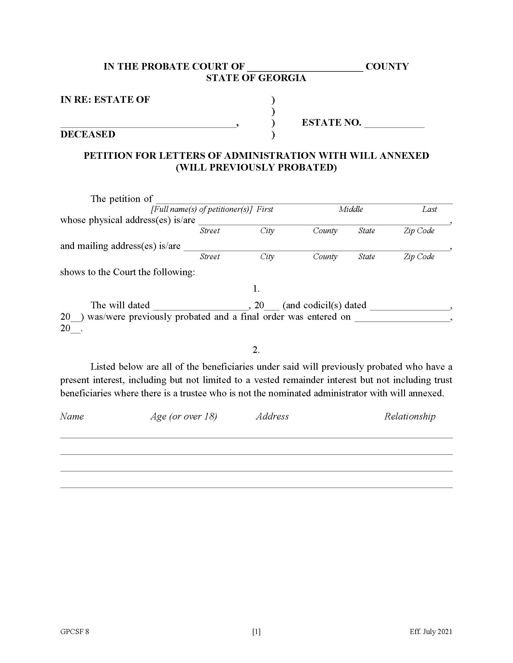 Petition For Letters Of Administration With Will Annexed Will Previously Probated {GPCSF 8} | Pdf Fpdf Doc Docx | Georgia