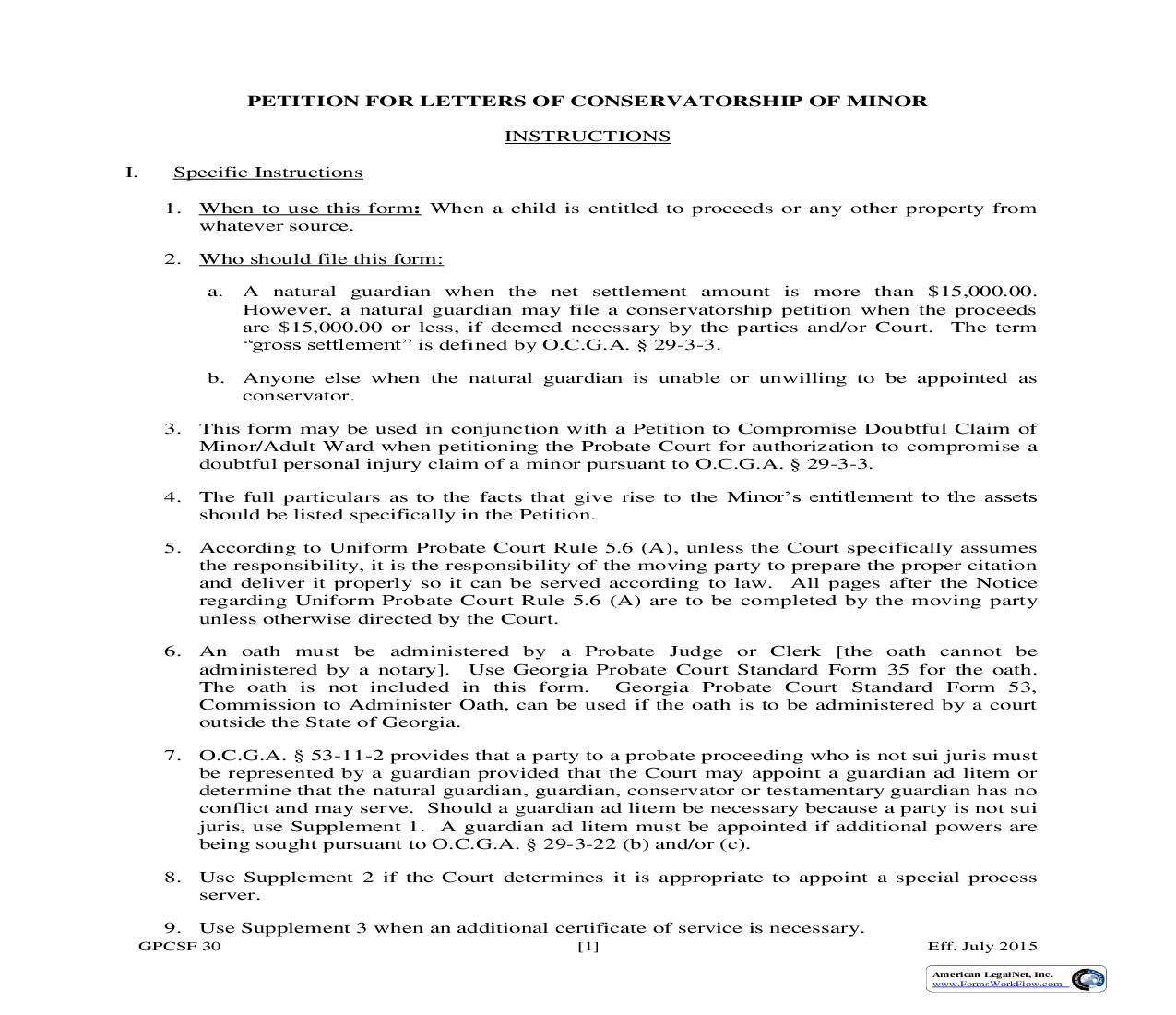 Petition For Letters Of Conservatorship Of Minor {GPCSF 30} | Pdf Fpdf Doc Docx | Georgia